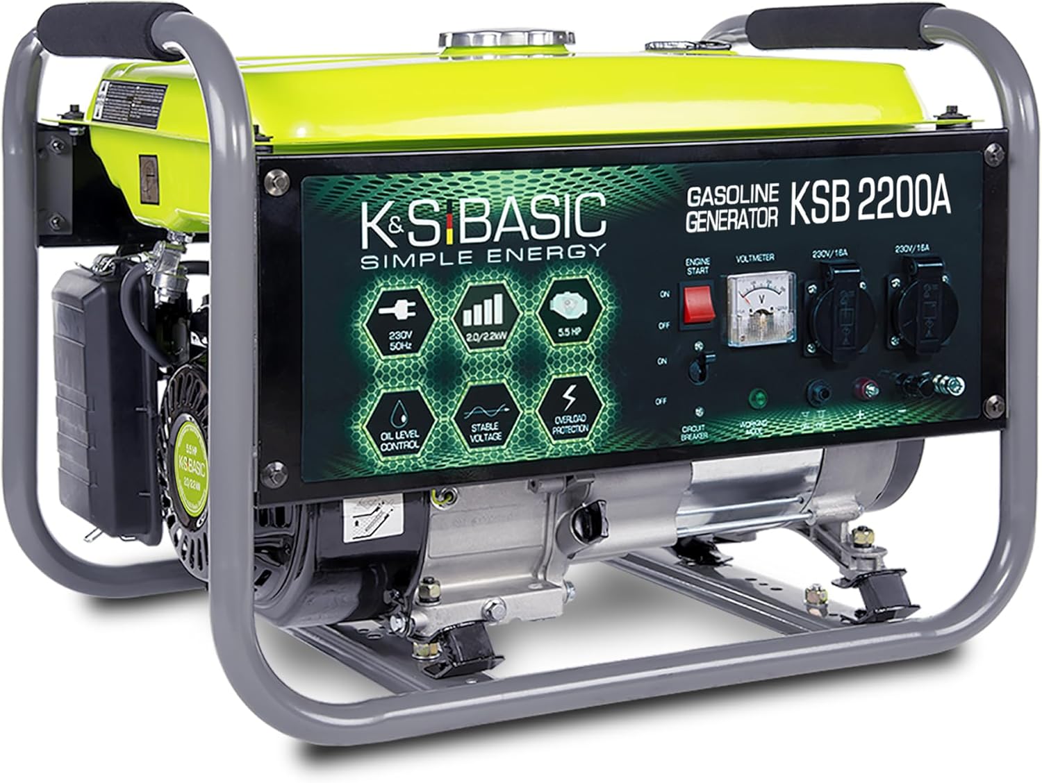 KSB 2200А - Generatore di corrente, motore a benzina a 4 tempi, 5,5 CV, in alluminio, con regolatore automatico di tensione (AVR), 2200 W 16 A, 230 V per uso domestico e ricreativo