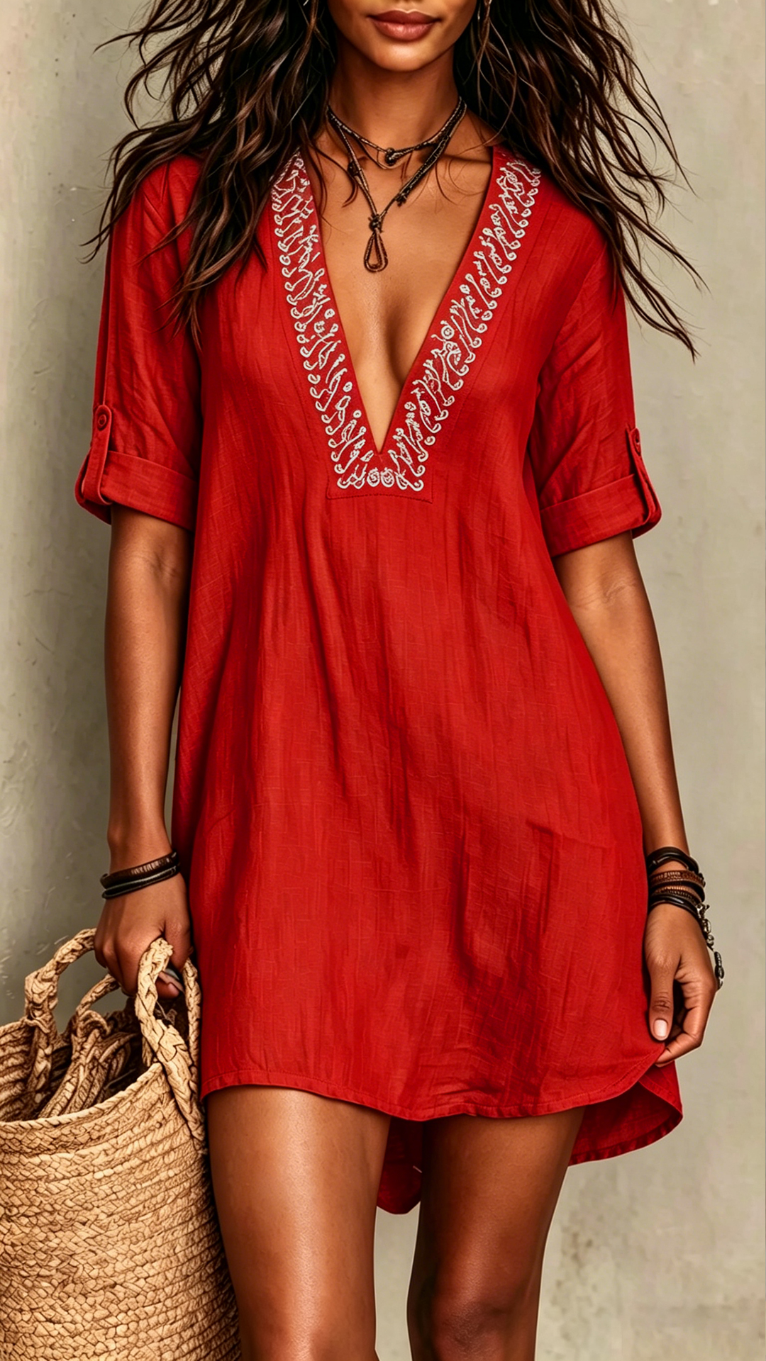 Women's Cotton-Blend Embroidered V-Neck Midi-Sleeve Dress - Nordfashionstorm - Women's Clothing, Fashion for You - Nordfashionstorm.com