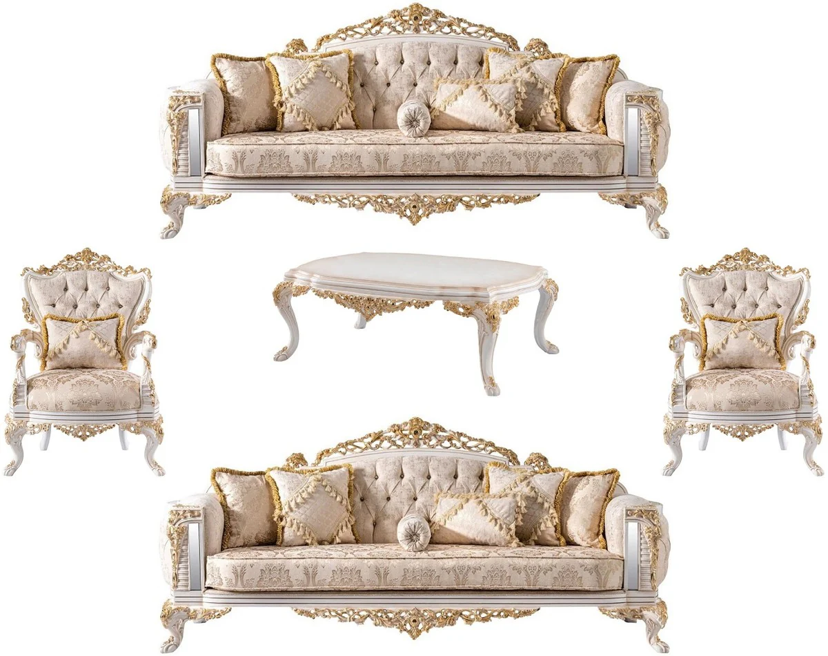 Luxury Baroque Living Room Set Beige / White / Gold - 2 Baroque Sofas & 2 Baroque Armchairs & 1 Baroque Coffee Table - Luxury Living Room Furniture in Baroque Style - Baroque Furniture - Noble & Magnificent