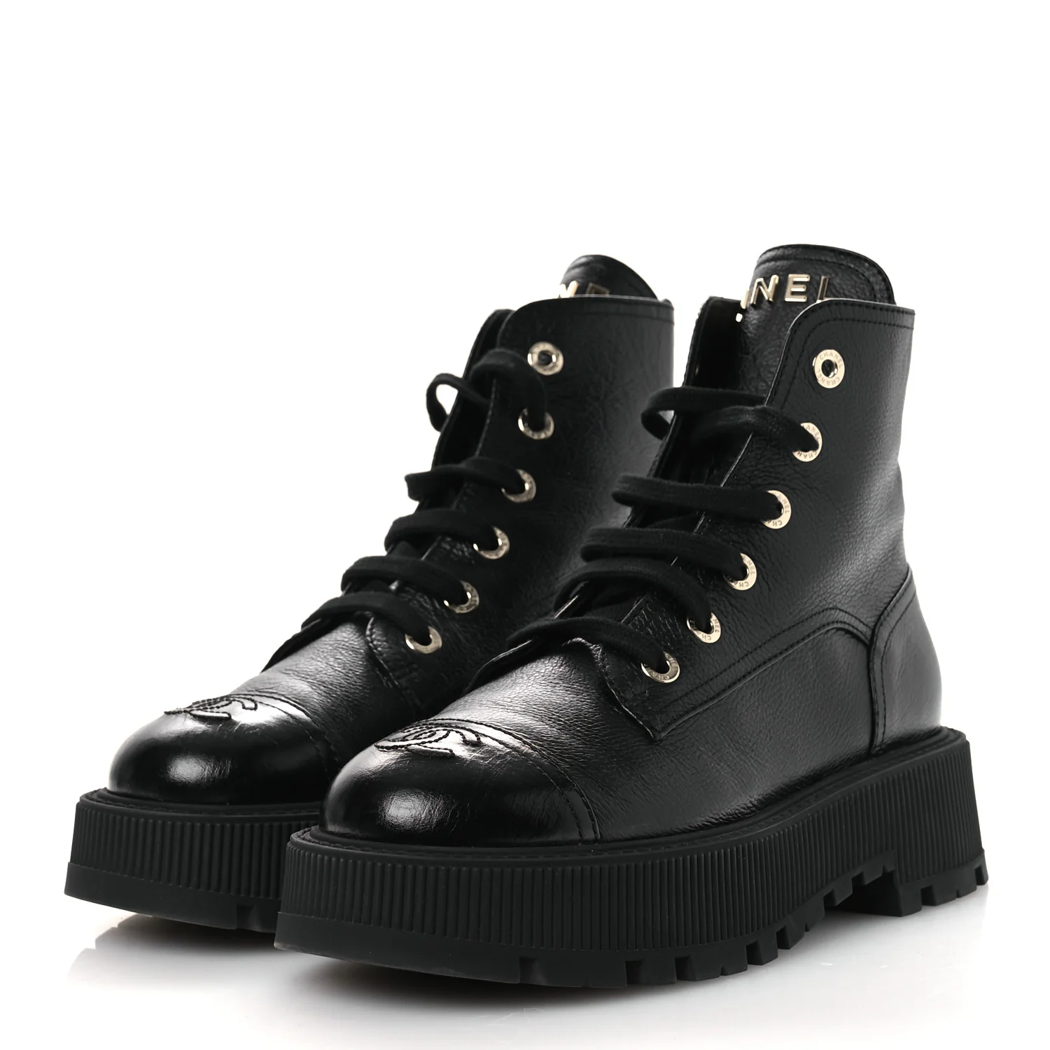 Grained Calfskin Shiny Calfskin CC Lace Up Combat Boots 38.5 Black - Top Club