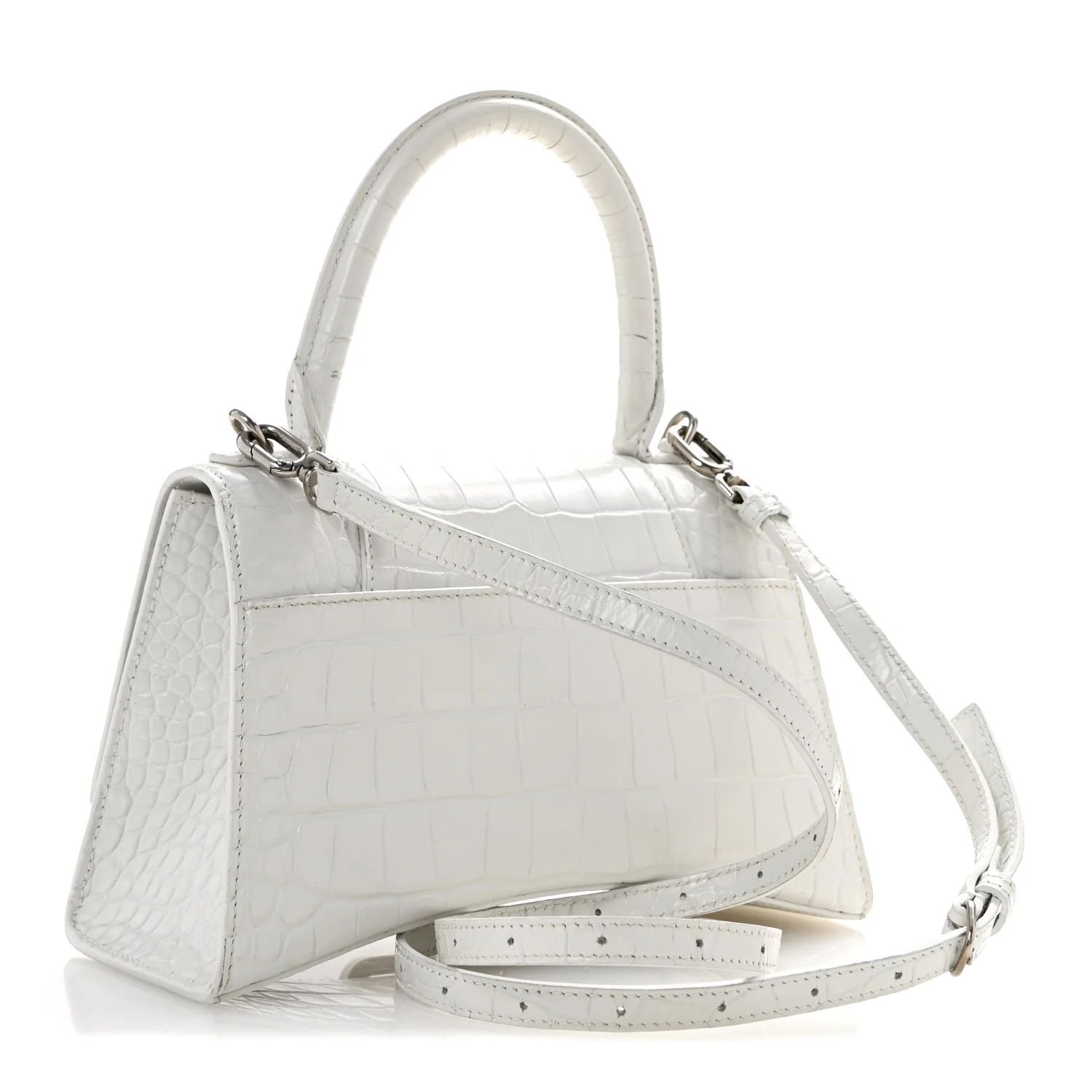 Calfskin Crocodile Embossed Small Hourglass Top Handle Bag White - Top Club