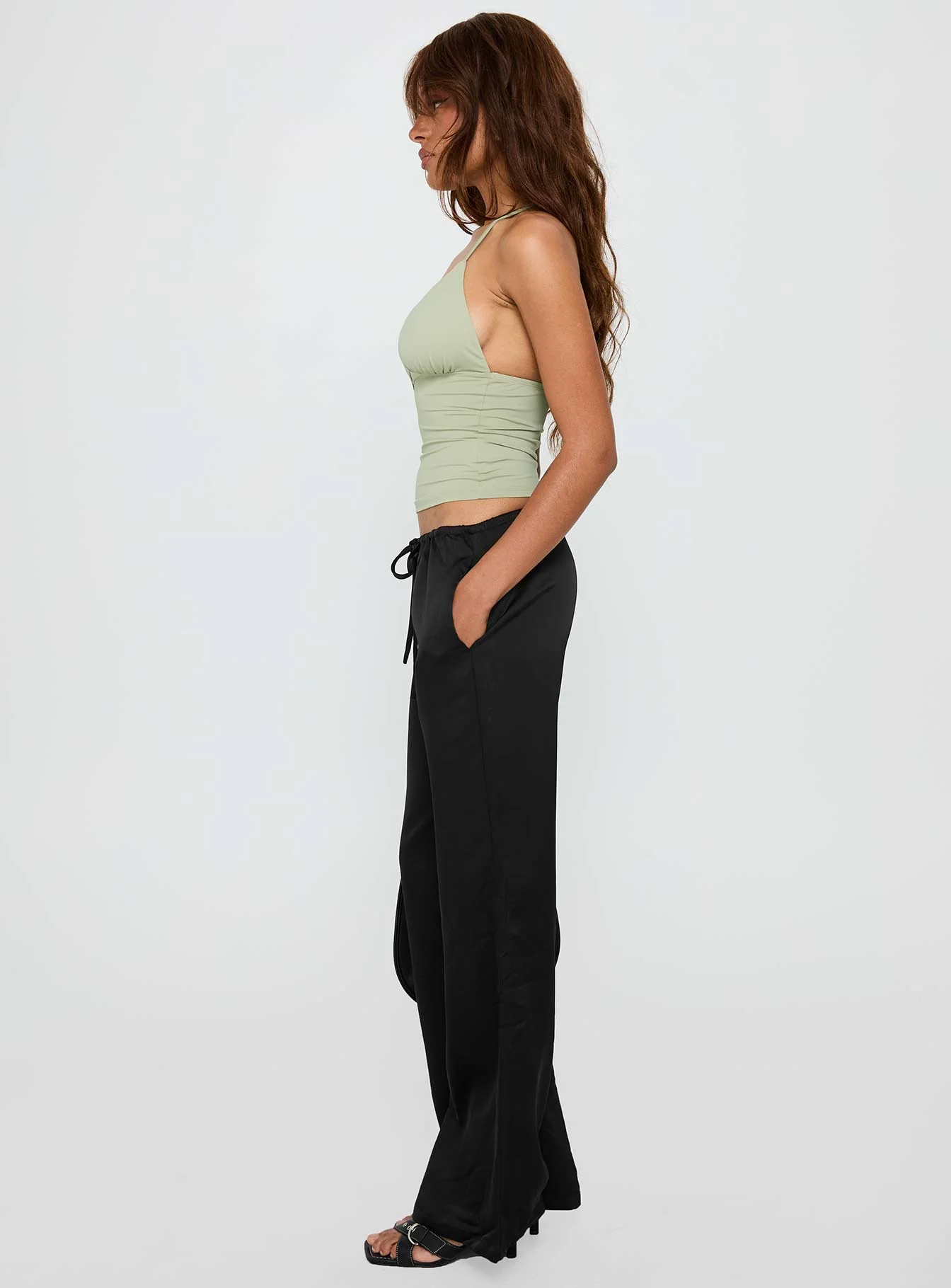 Vanille Tie Waist Satin Pants Black