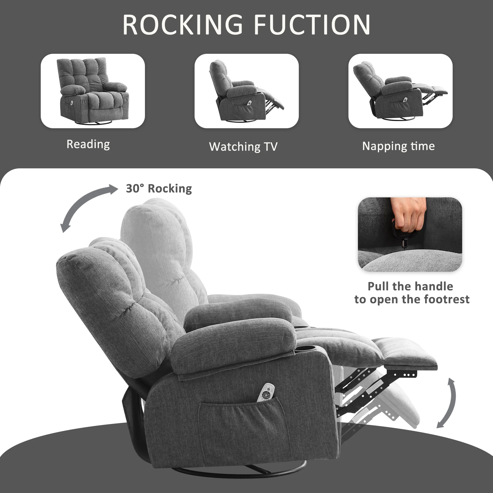 JONPONY Manual Recliner Chair with Heat Therapy and Massage Function, Heavy Duty Reclining Mechanism Massage Chair, Elderly Single Rocker Sofa with Cup Holders for Bedroom Home Theater, Grey
