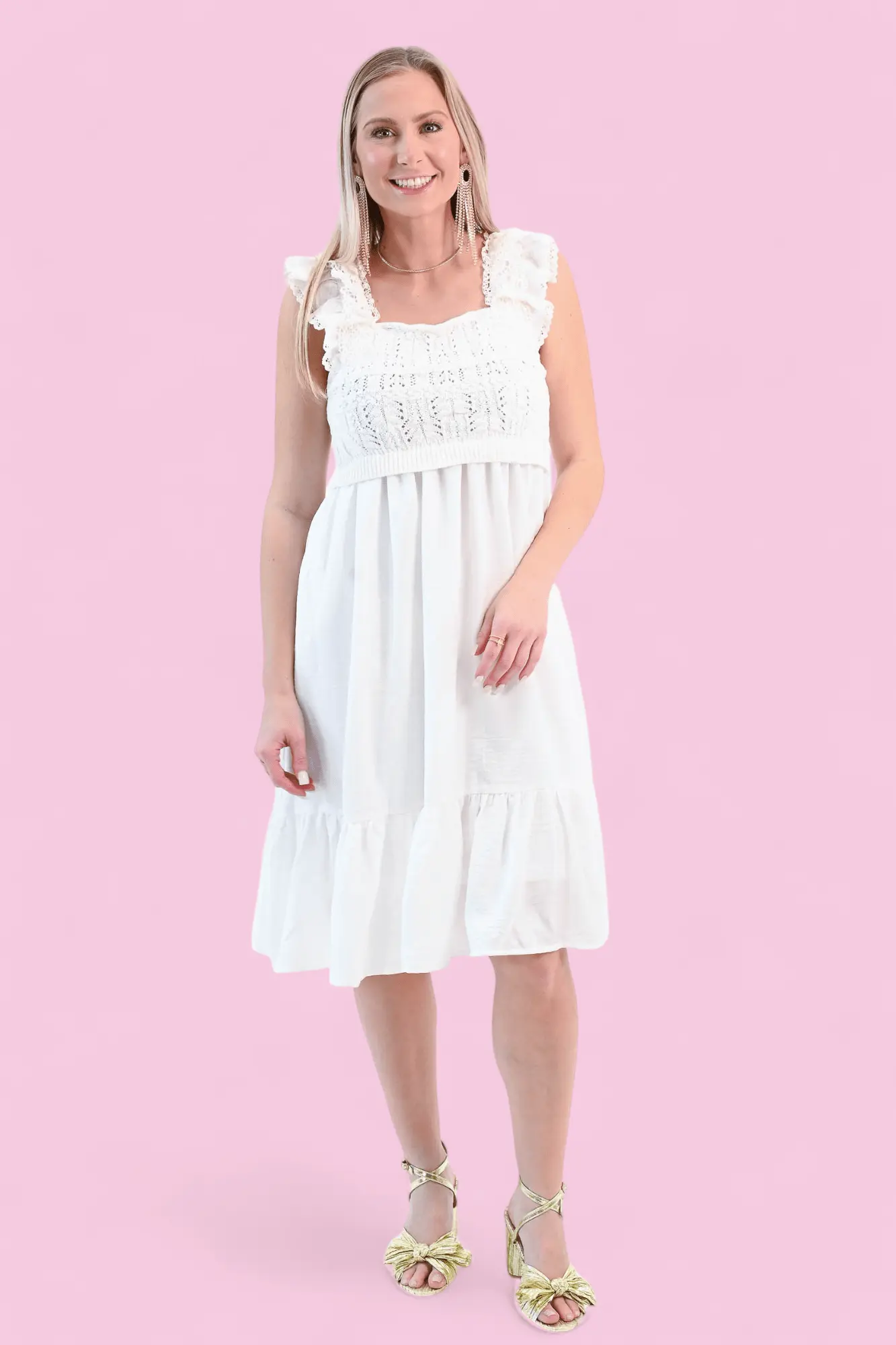 Just Getting Started Crochet Lace Ruffle Sleeve Dress - ALJEGJ