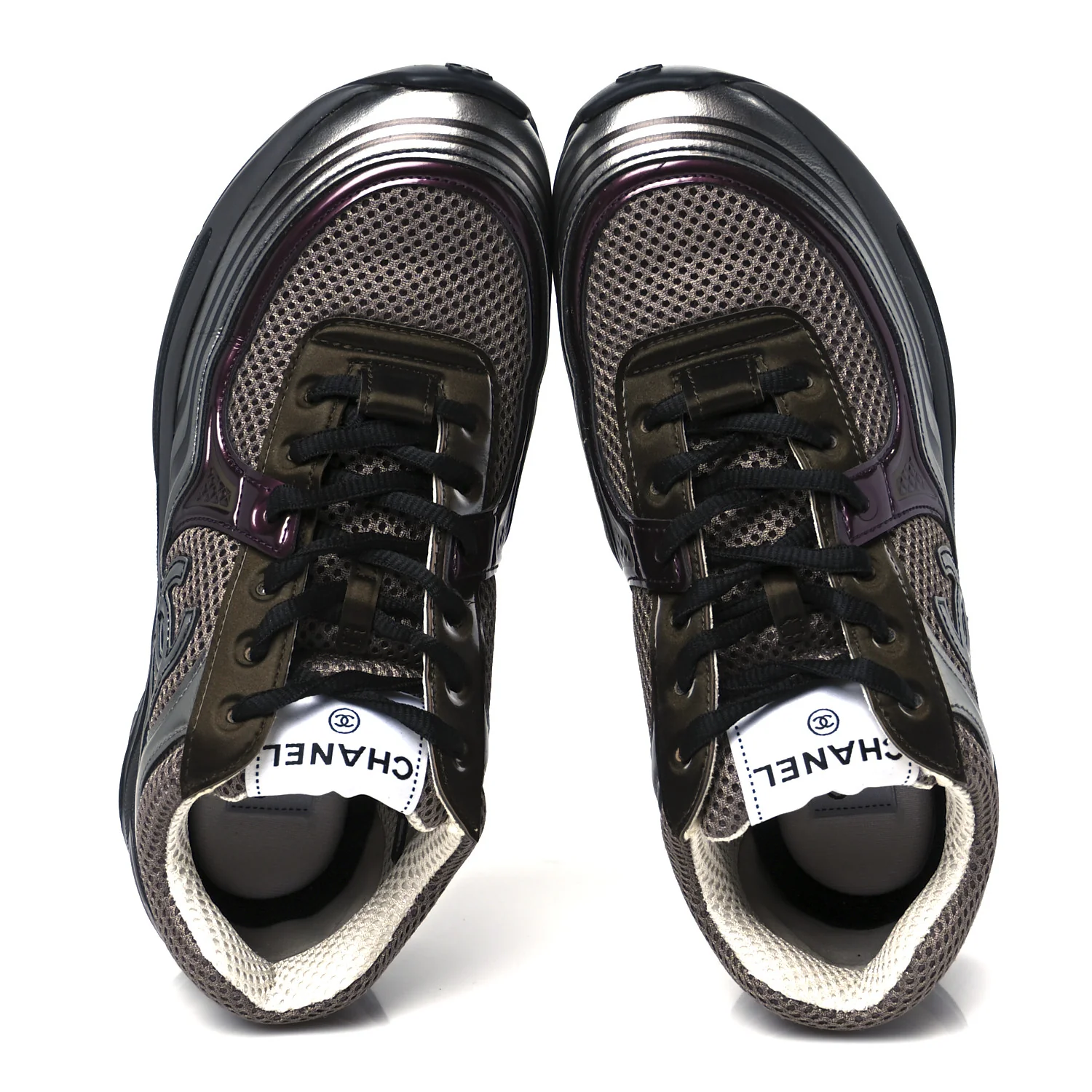 Fabric Laminated Calfskin Stretch CC Womens Sneakers 37 Khaki Silver Dark Purple