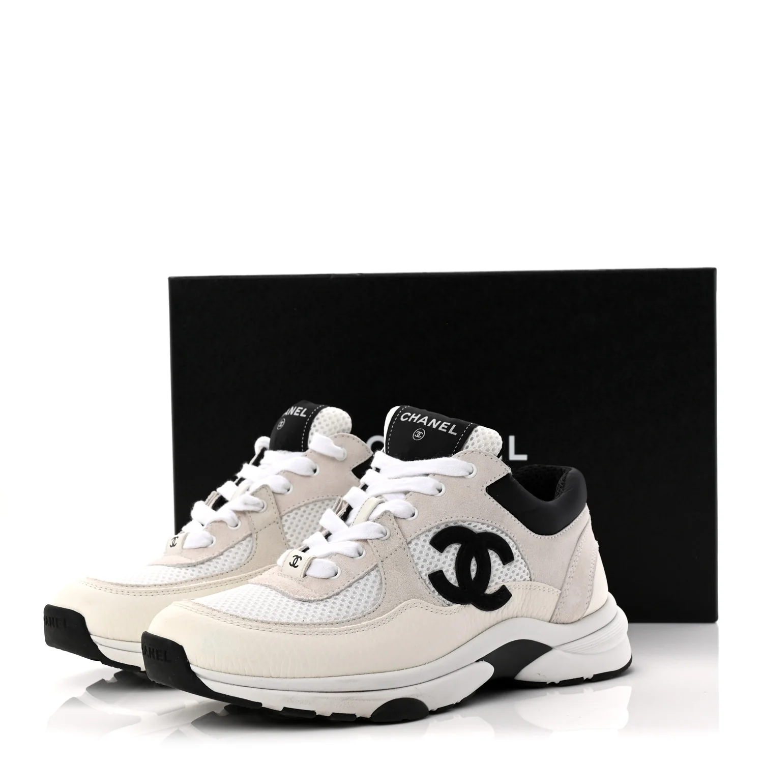 Mesh Suede Calfskin Grained Calfskin Womens CC Sneakers 37.5 White Black - Top Club