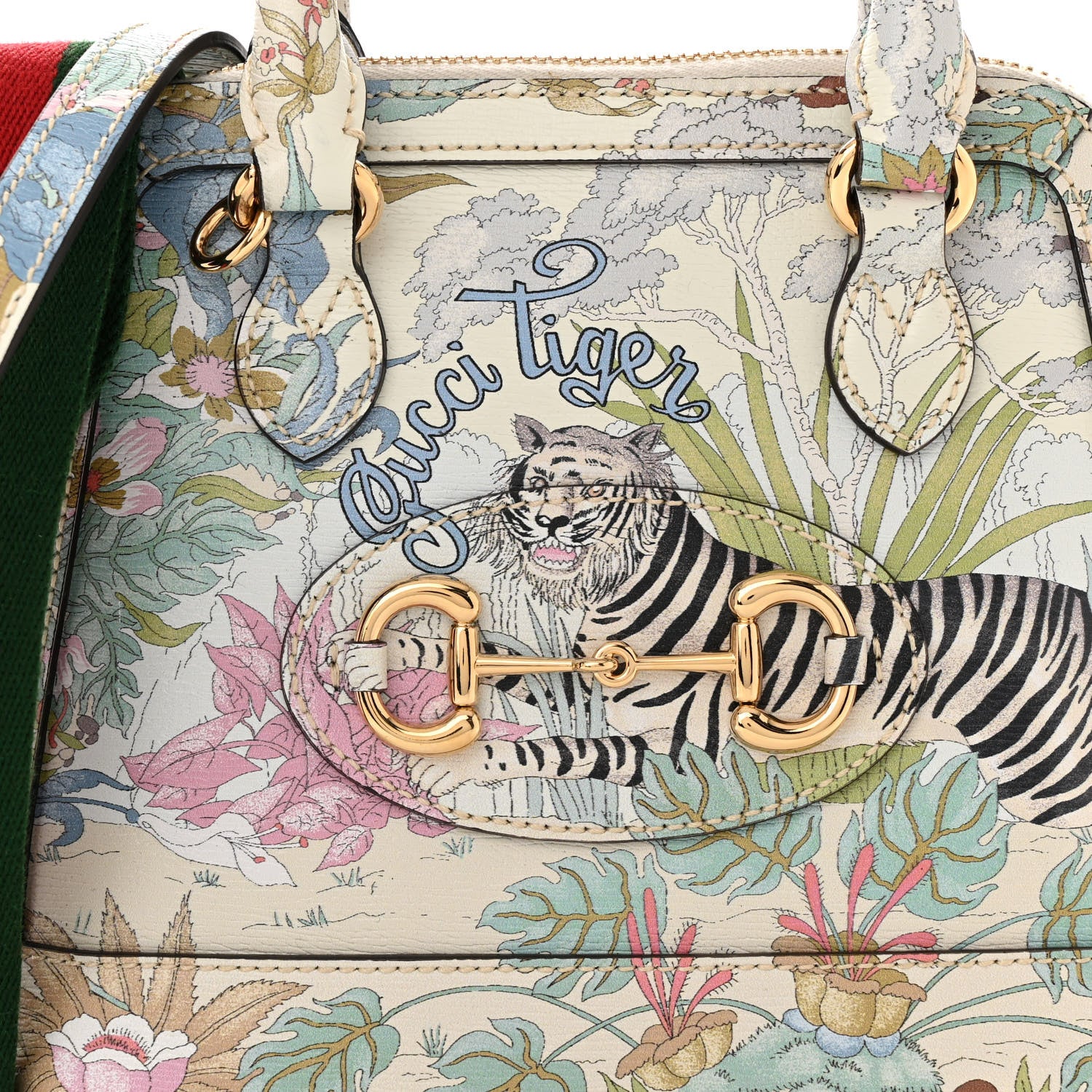 New Shangai Calfskin Tiger Savanah Web Mini Horsebit 1955 Top Handle Bag Chalky White Multicolor - Top Club