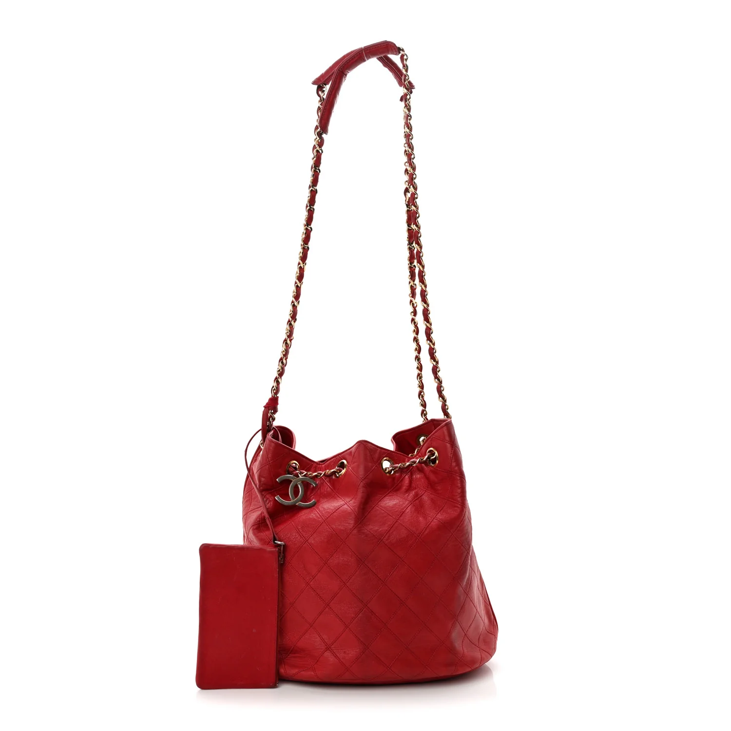 Lambskin Diamond Stitched CC Drawstring Shoulder Bag Red - Top Club