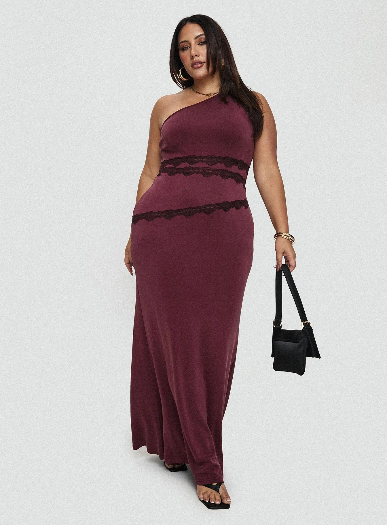 Ultraviolet One Shoulder Lace Maxi Dress Wine Curve