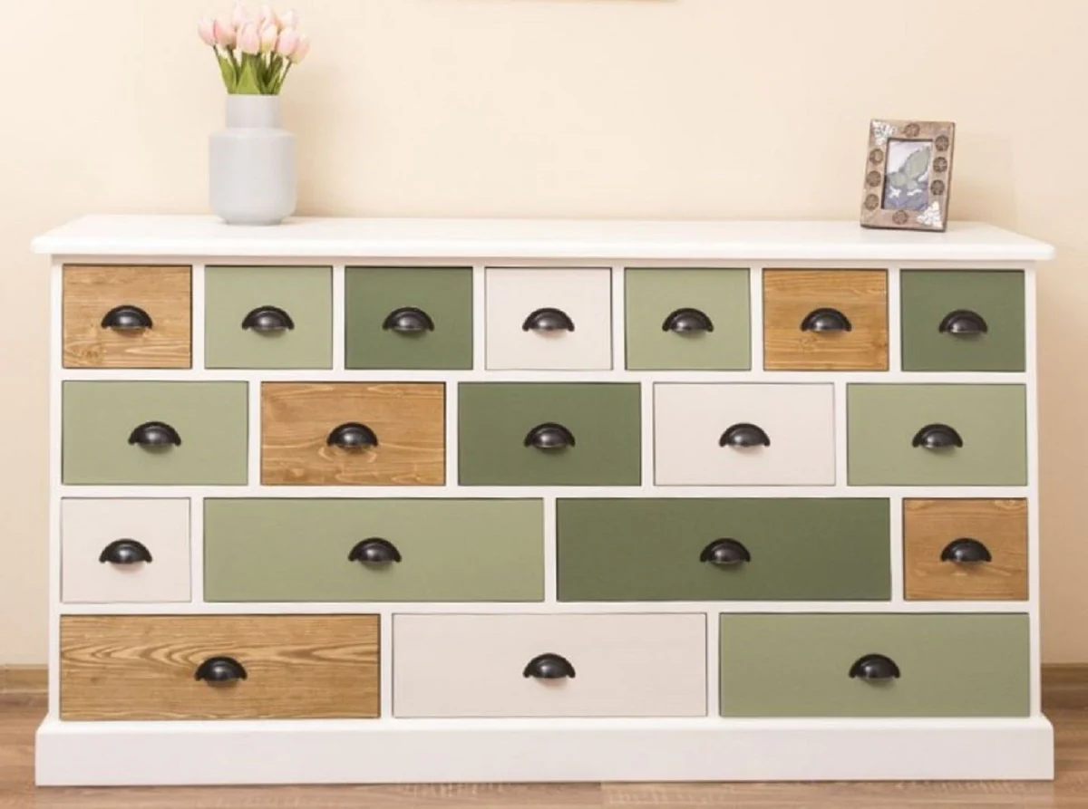 Country house style chest of drawers white / green / natural colors 180 x 48 x H. 95 cm - solid wood cabinet with 19 drawers - country house style furniture - furniture in country house style - country house style furnishings