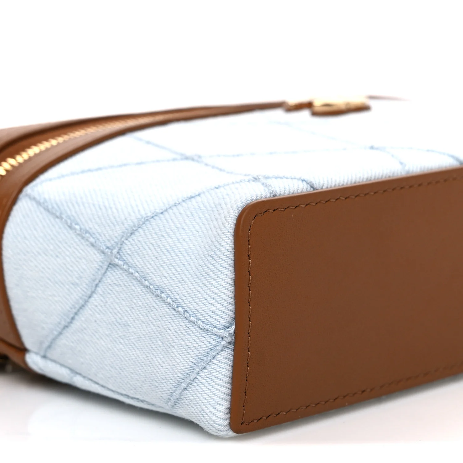 Washed Denim Calfskin Quilted Top Handle Slim Vanity Case With Chain Blue Brown - Top Club