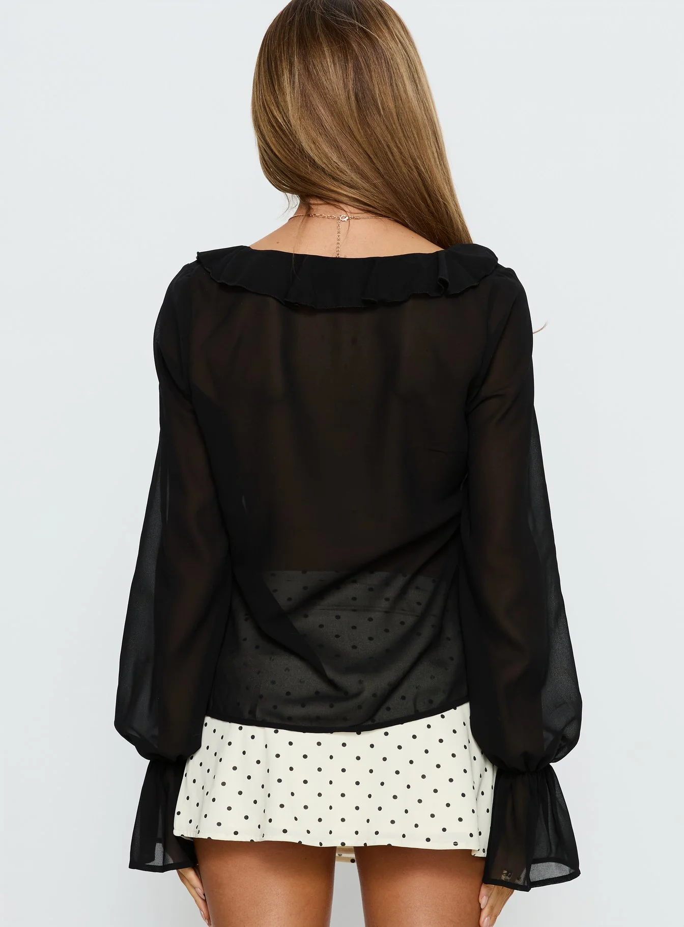 Taraya Sheer Ruffle Blouse Top Black