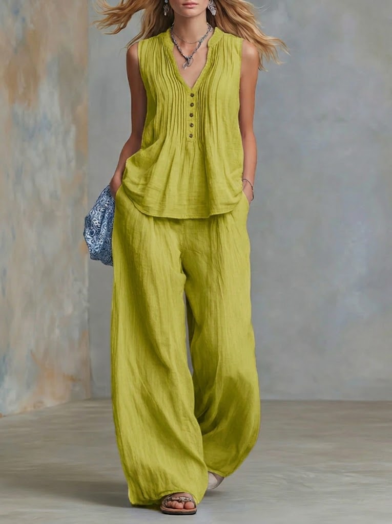 Plus Size Friendly Casual Linen And Cotton Pleated Sleeveless Top And Pants Two-piece Set - Nordfashionstorm - Women's Clothing, Fashion for You - Nordfashionstorm.com