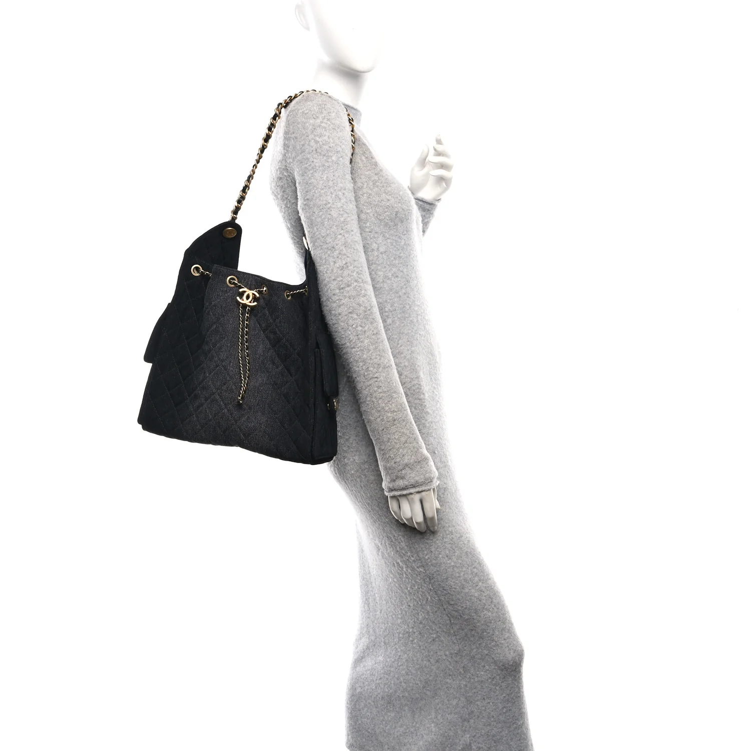 Washed Denim Quilted Medium Chanel 25 Handbag Black