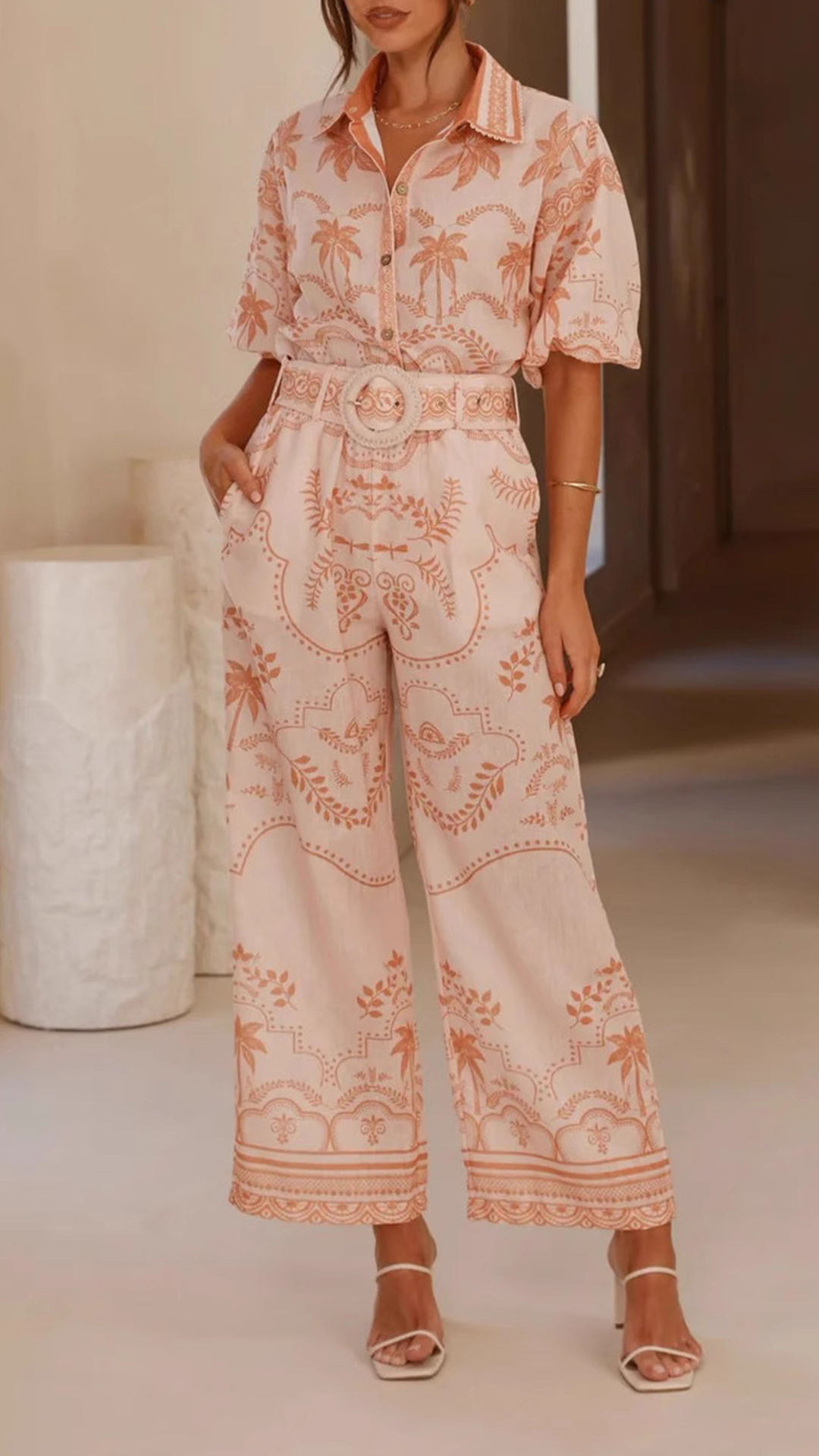 Women's Cotton‑blend Light Apricot Botanical Print Collared Puff Sleeve Top & Wide‑Leg Pants Set - Nordfashionstorm - Women's Clothing, Fashion for You - Nordfashionstorm.com