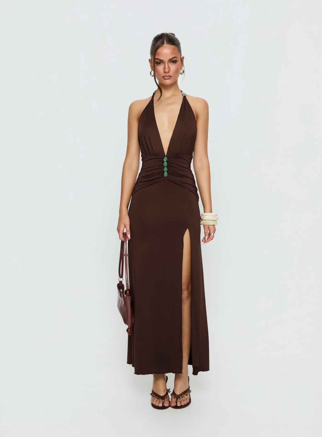 Sasami Halter Plunge Maxi Dress Chocolatae