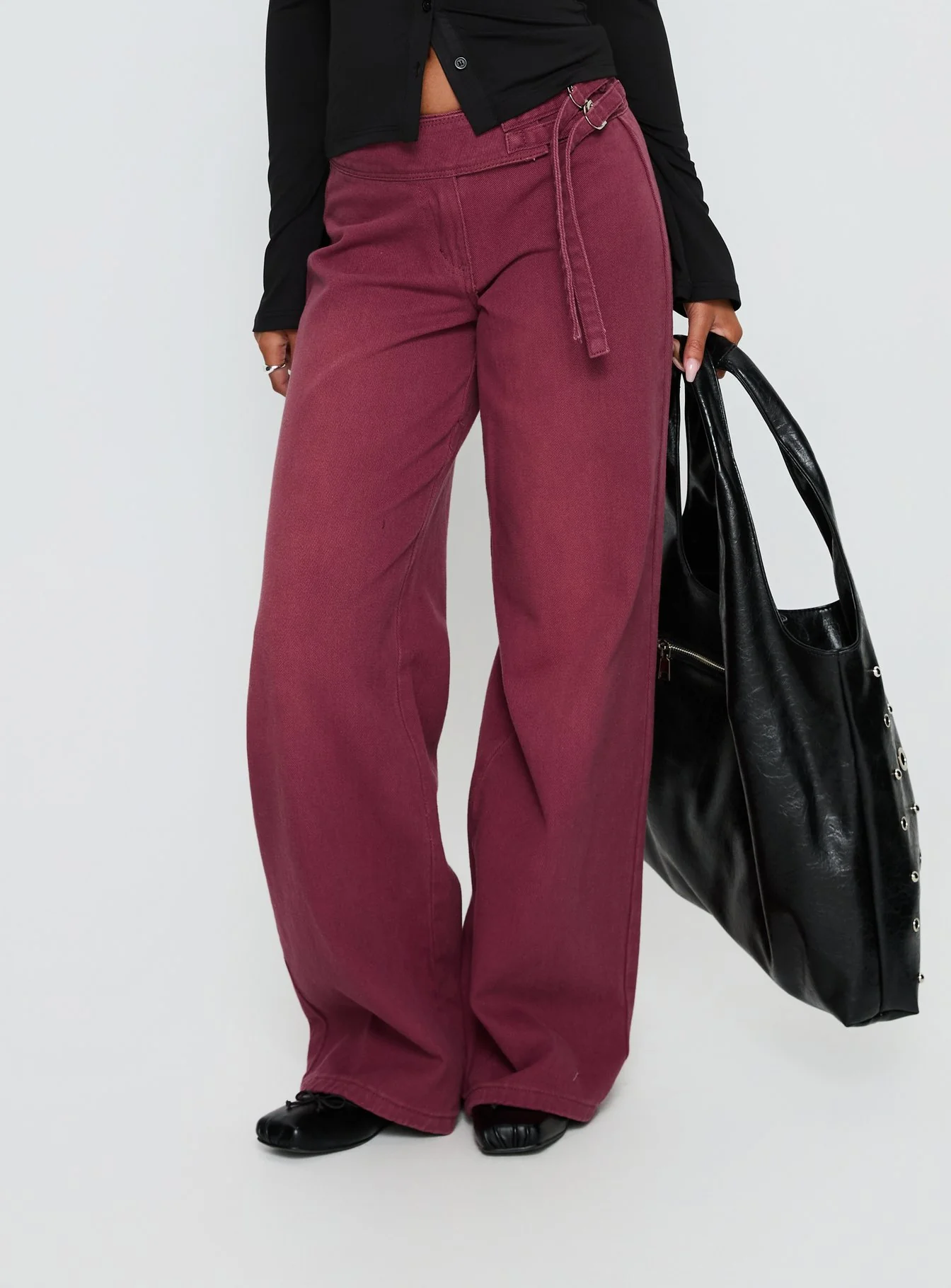 Boxie Mid Rise Wide Leg Jeans Washed Burgundy