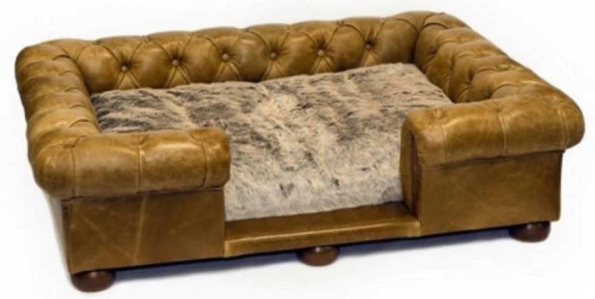 Luxury Chesterfield leather dog bed vintage brown / dark brown 134 x 104 x H. 37 cm - Rectangular genuine leather dog bed - Luxury Chesterfield leather pet furniture