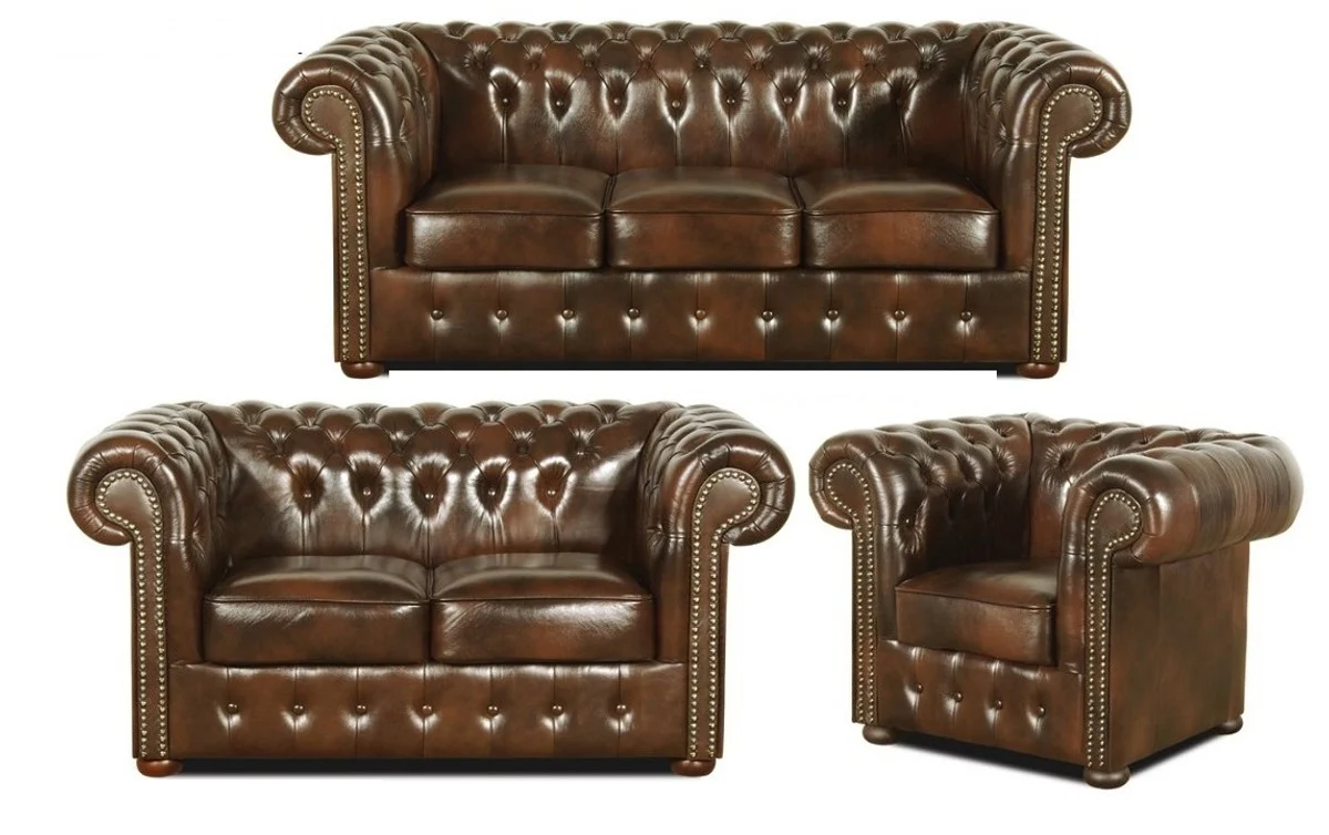 Chesterfield Living Room Set of 3 Dark Brown - Luxury Genuine Leather Furniture