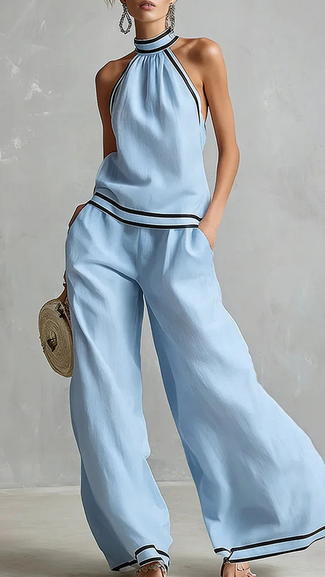 Women's Cotton-Blend Light Blue Halter Contrast Trim Wide-Leg Pants Set - Nordfashionstorm - Women's Clothing, Fashion for You - Nordfashionstorm.com