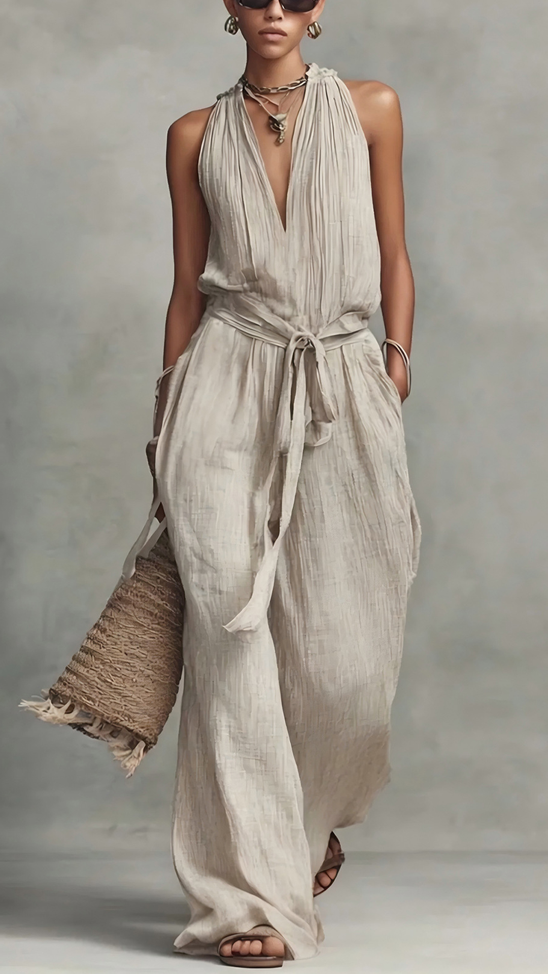 Women's Cotton-Blend Dusty Pink Halter Neck Waisted Jumpsuit - Nordfashionstorm - Women's Clothing, Fashion for You - Nordfashionstorm.com