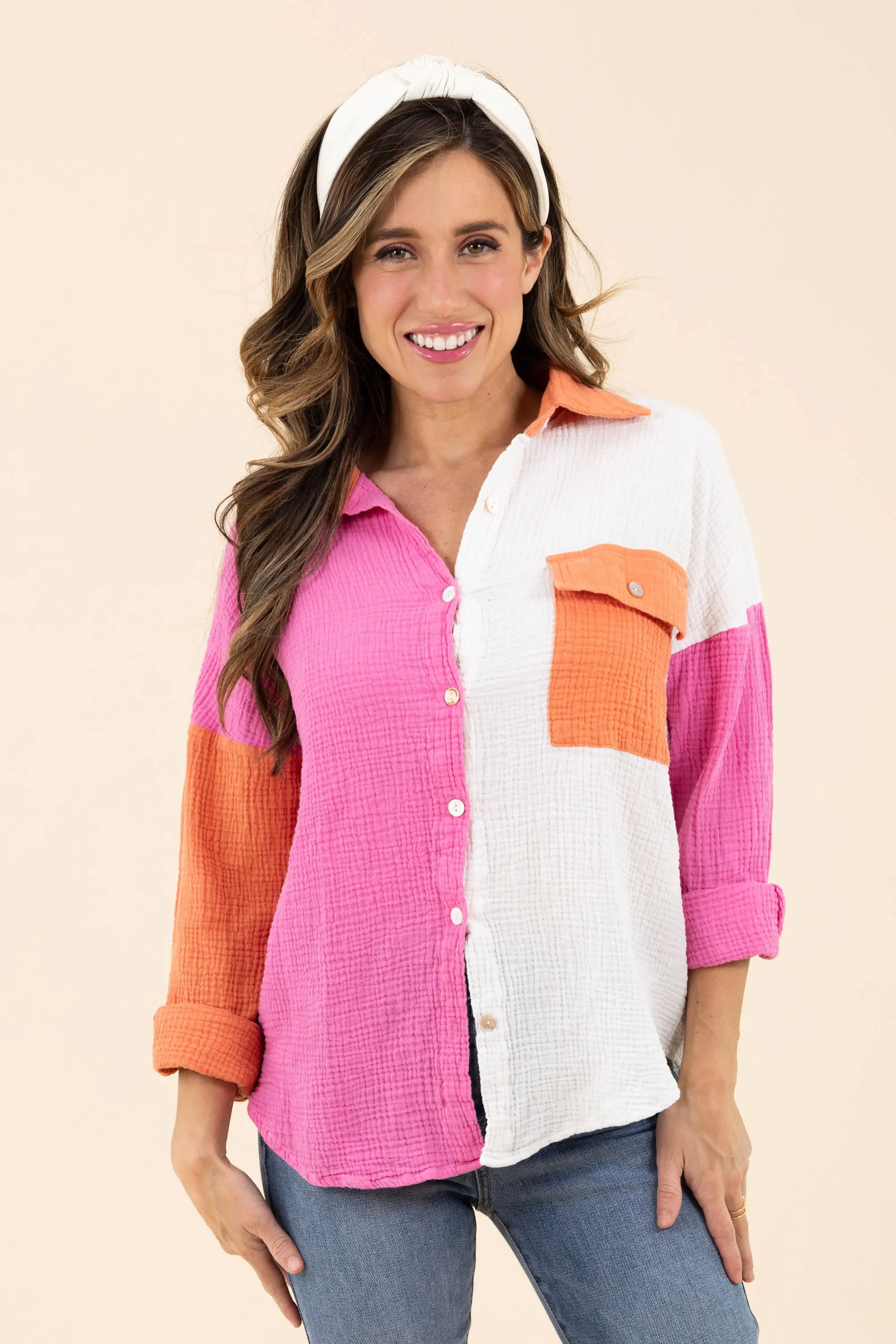 Just Chilling Color Block Button Down Boyfriend Shirt - ALJEGJ