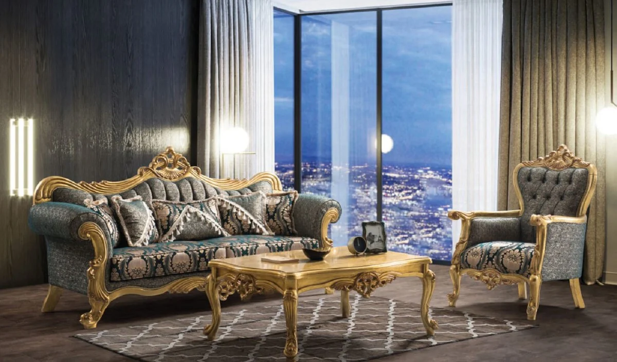 Luxury Baroque Living Room Set Green / Gold - 2 Sofas & 2 Armchairs & 1 Coffee Table - Handcrafted Living Room Furniture in Baroque Style - Noble & Magnificent