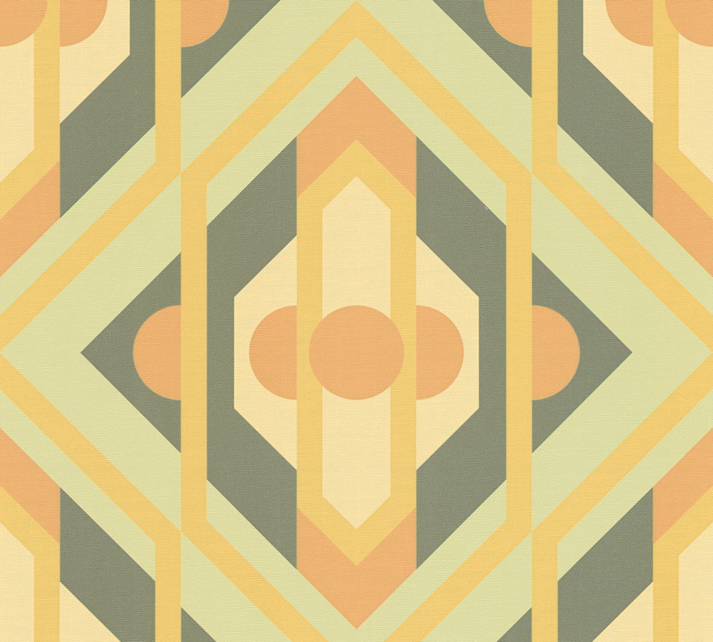 Vliesbehang retro geometrische ornamenten – groen, geel, oranje Geometrische ornamenten in retrostijl op vliesbehang – groen, geel, oranje #1