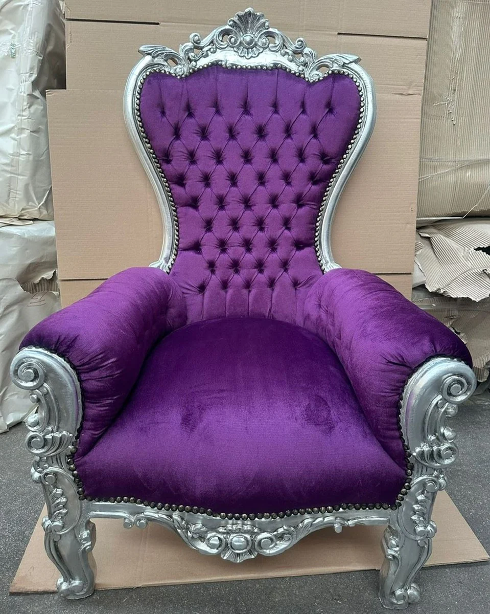 Baroque throne armchair purple / silver - wedding armchair - baroque furniture