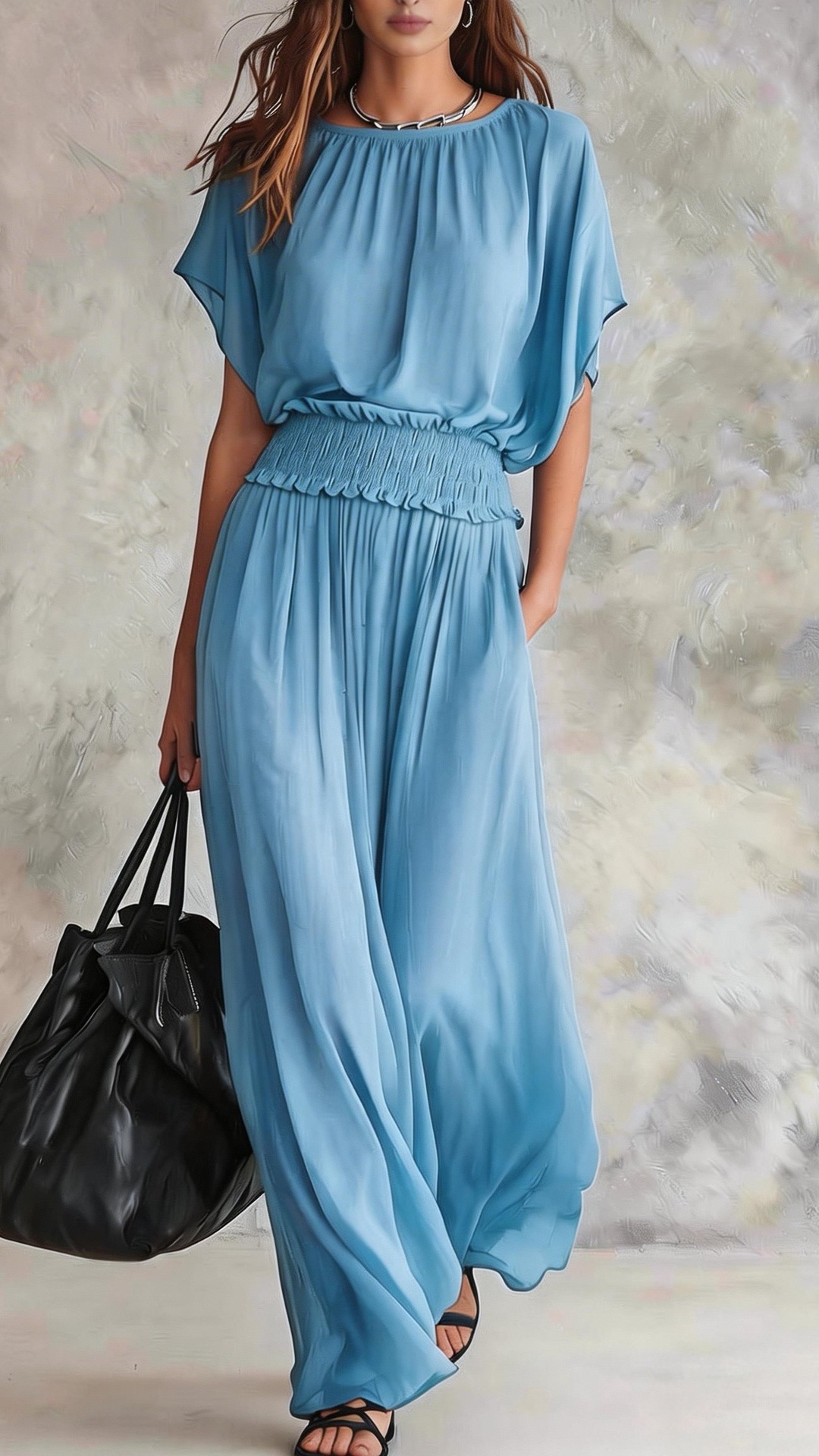 Women's Chiffon Long Dress with Shirred Waist - Nordfashionstorm - Women's Clothing, Fashion for You - Nordfashionstorm.com