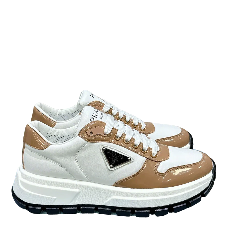 Unisex Prada White And Brown Chunky Platform Sneakers With Triangle Logo - Sneaker Replica Workshop