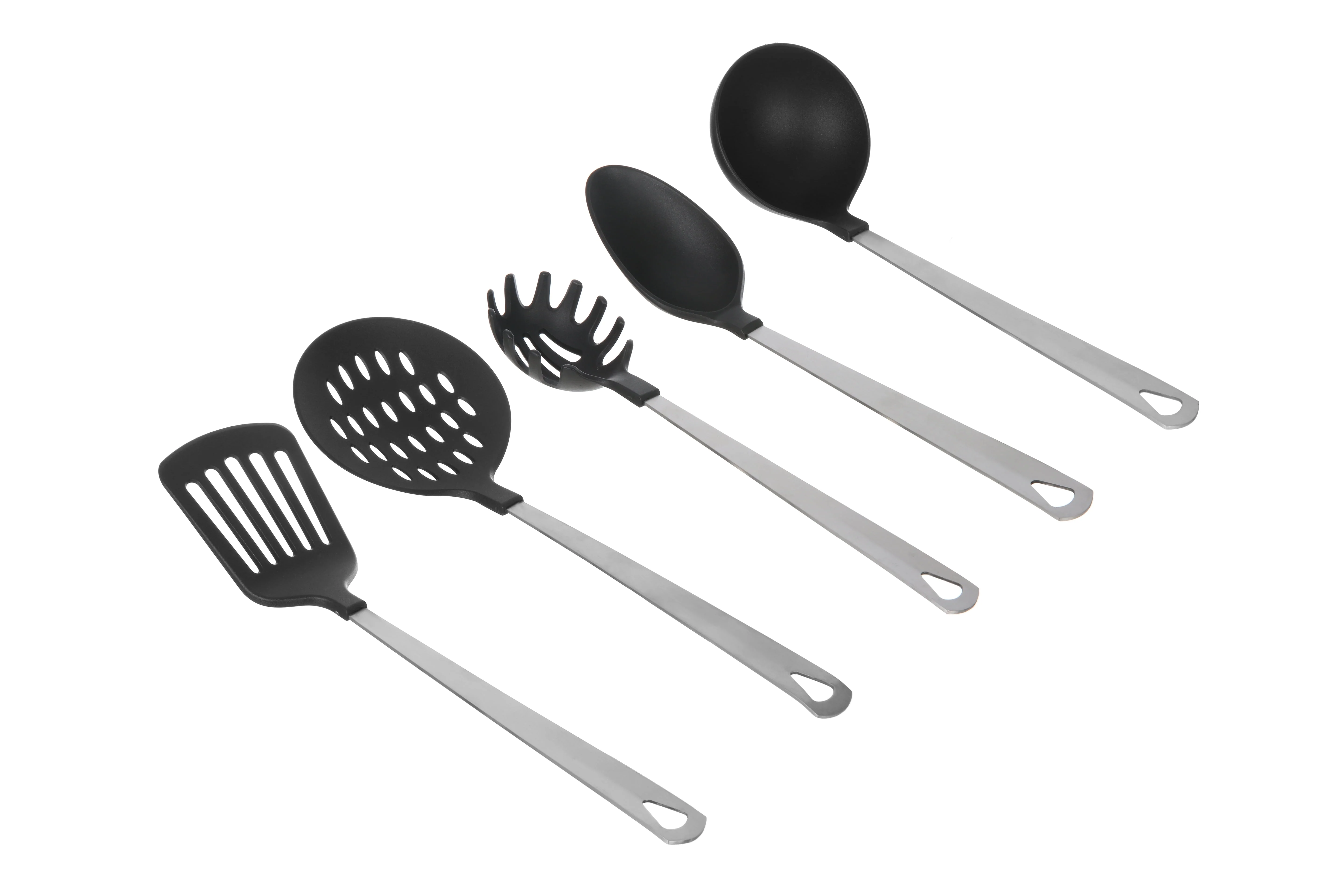 Mainstays Stainless Steel and Nylon Cooking Tool Set, Spoon, Spatula, Ladle, Pasta Spoon and Skimmer Assorted Colors