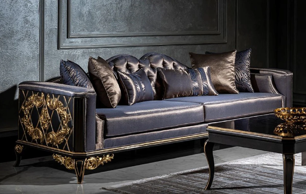 Luxury Baroque Living Room Set Blue / Black / Gold - 2 Sofas & 2 Armchairs & 1 Coffee Table - Living Room Furniture in Baroque Style - Noble & Magnificent