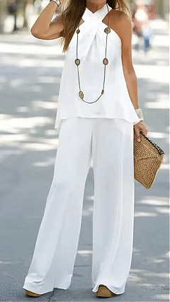 Women's Cotton‑blend Halter Cross‑neck Loose Top & Draping Wide‑leg Pants Set - Nordfashionstorm - Women's Clothing, Fashion for You - Nordfashionstorm.com