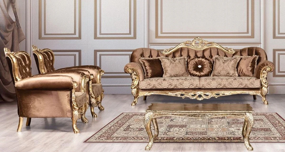 Luxury Baroque Living Room Set Brown / Antique Gold - 2 Baroque Sofas with Pattern & 2 Baroque Armchairs with Pattern & 1 Baroque Coffee Table - Baroque Living Room Furniture