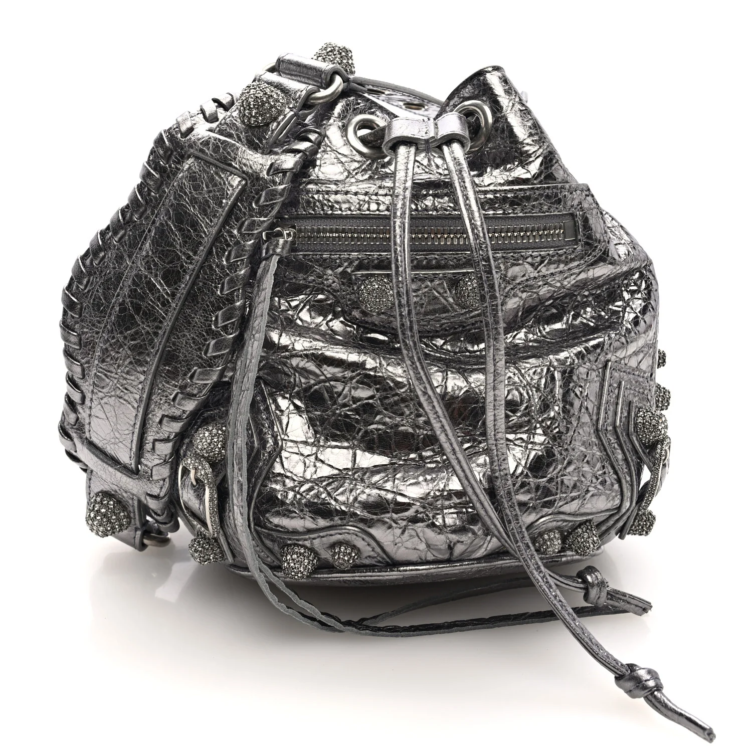 Metallic Agneau Arena Crystal Le Cagole Bucket Bag XS Silver - Top Club