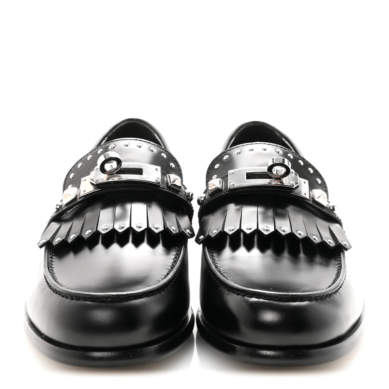 Glazed Calfskin Medor Studded Fringe Womens Destin Loafer 35 Black - Top Club