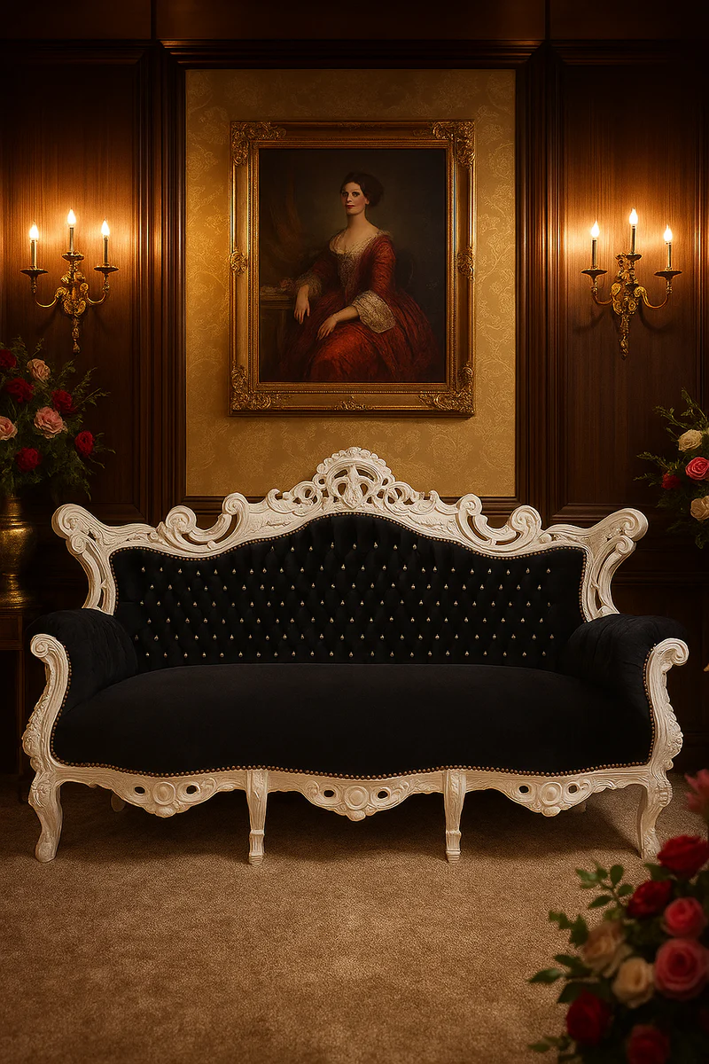 Baroque sofa with glitter stones black / white - handmade antique style living room sofa - antique style living room furniture - baroque living room furniture - noble and magnificent