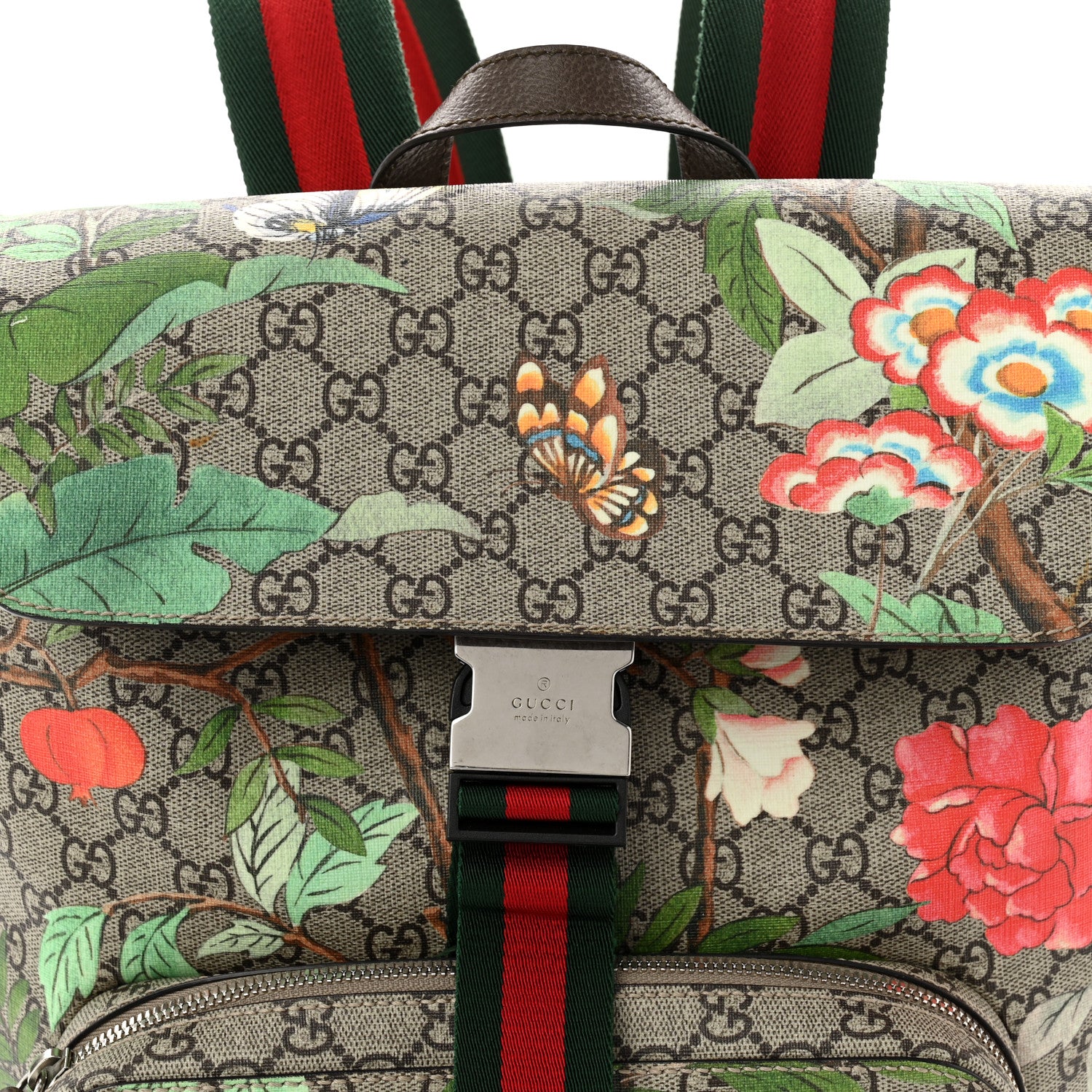 GG Supreme Monogram Tian Web Single Buckle Backpack Beige Multicolor New Acero - Top Club