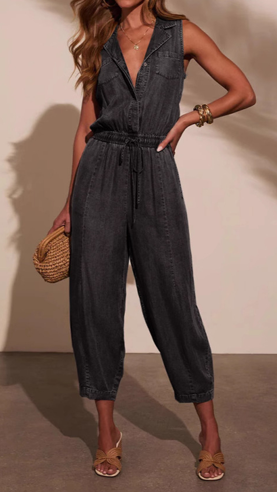 Women's Sleeveless Lapel Denim Waist‑Cinch Cropped Jumpsuit - Nordfashionstorm - Women's Clothing, Fashion for You - Nordfashionstorm.com