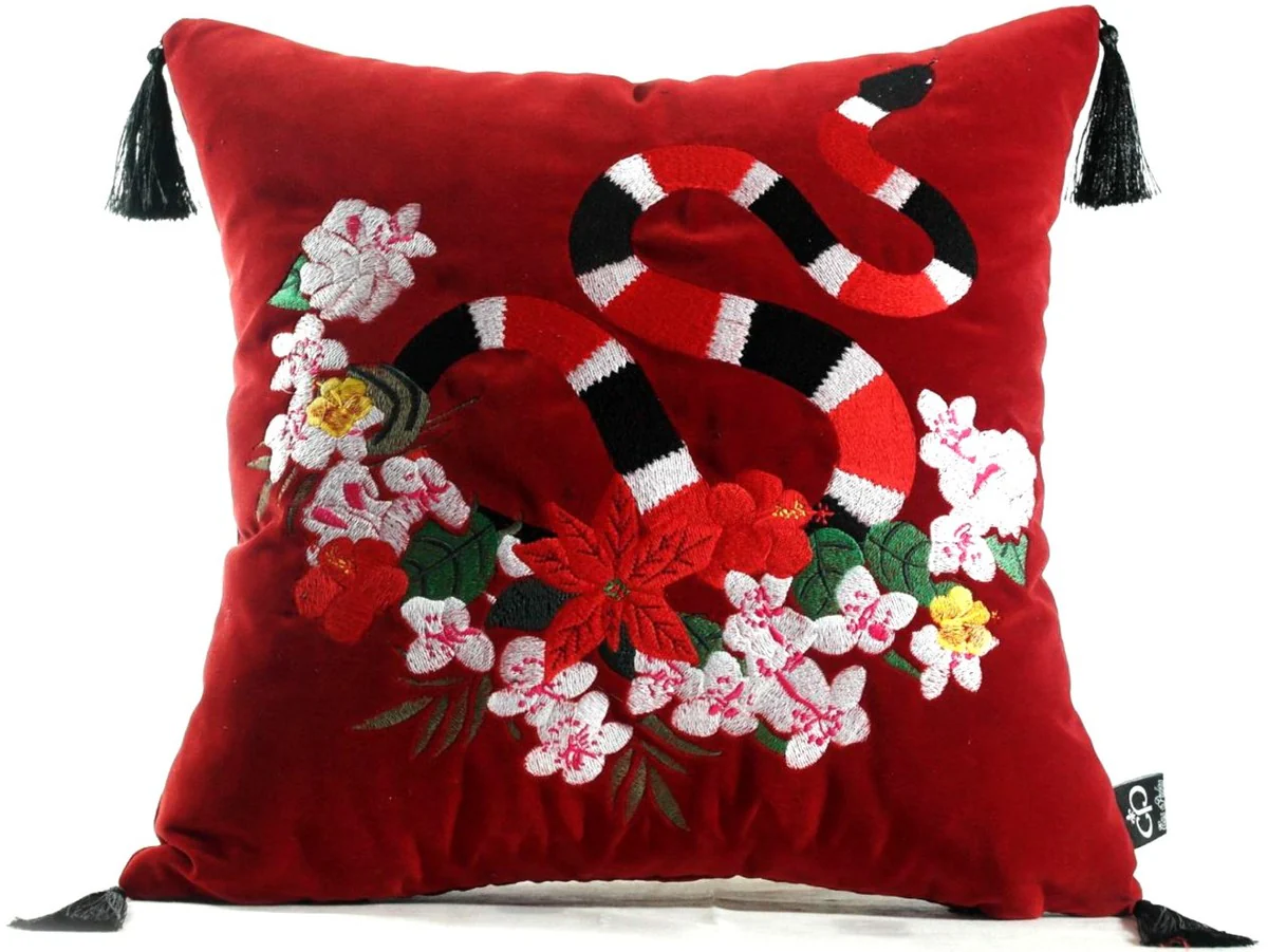 Luxury decorative cushion with tassels Snake red / multicolored 45 x 45 cm - finest velvet fabric - luxury quality