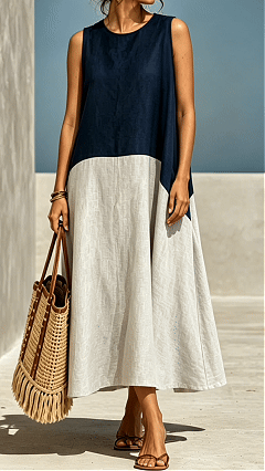 Women's Round-Neck, Color-Block, Loose-Fit, Longline Cotton-Linen A-Line Sundress - Nordfashionstorm - Women's Clothing, Fashion for You - Nordfashionstorm.com