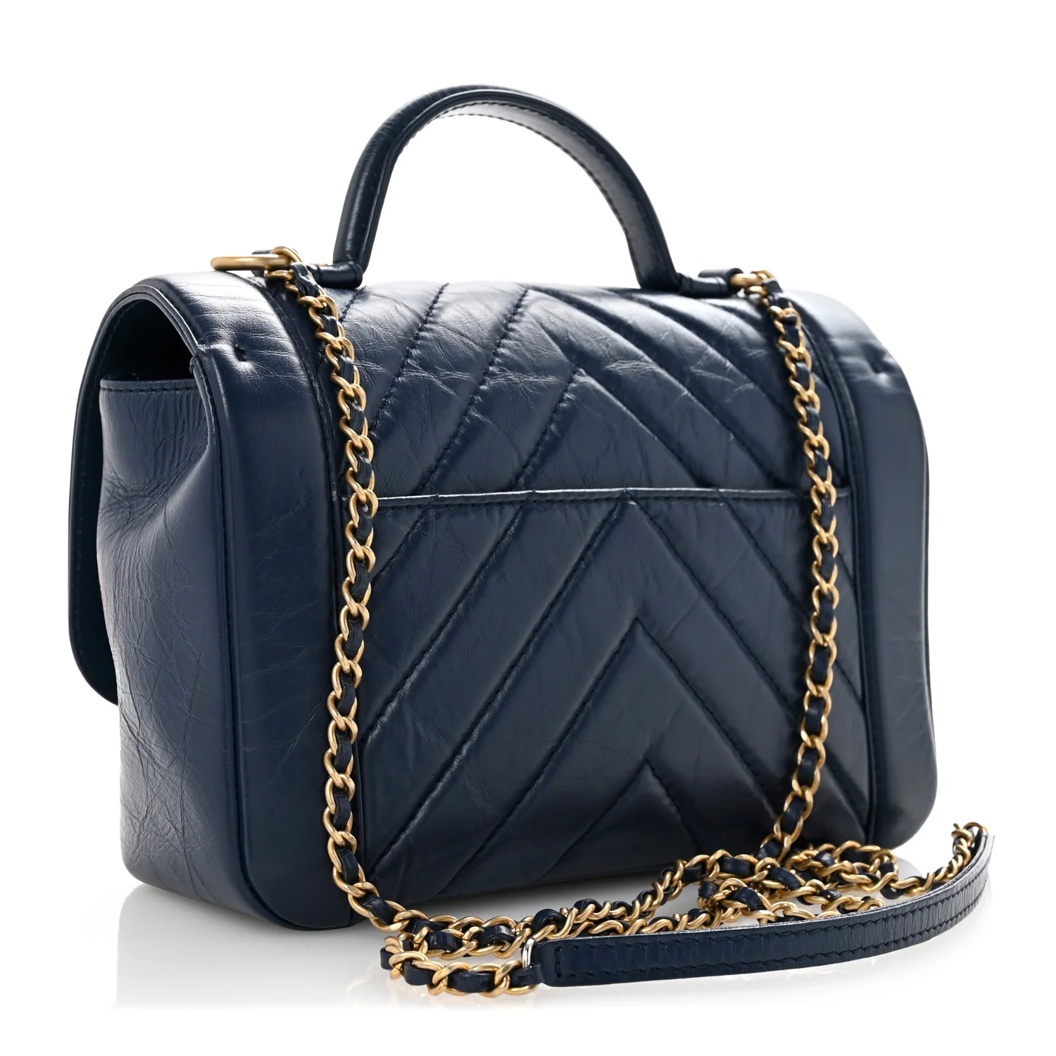 Calfskin Chevron Quilted Top Handle Flap Navy - Top Club