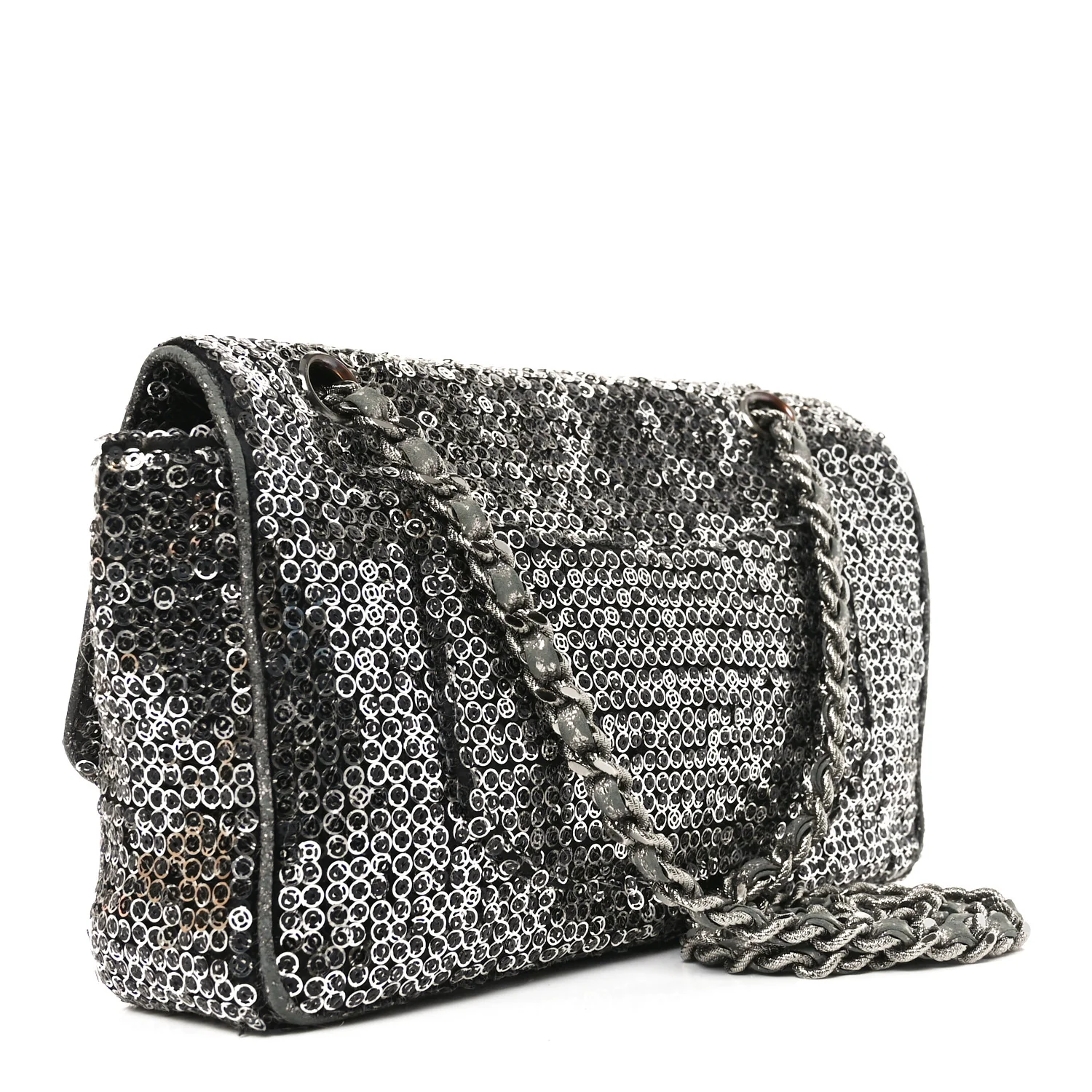 Sequin Medium Single Flap Dark Silver - Top Club