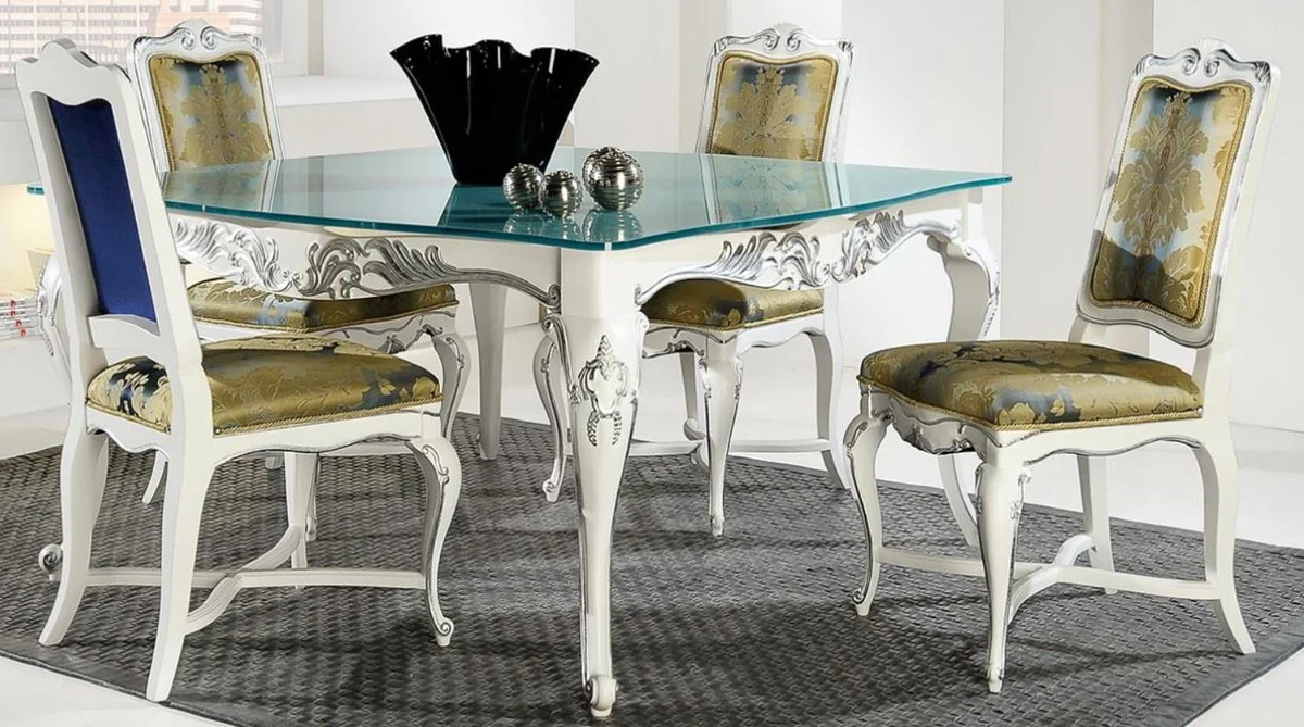 Luxury baroque dining table with glass top white / silver - various sizes - elegant dining room table in baroque style - baroque dining room furniture