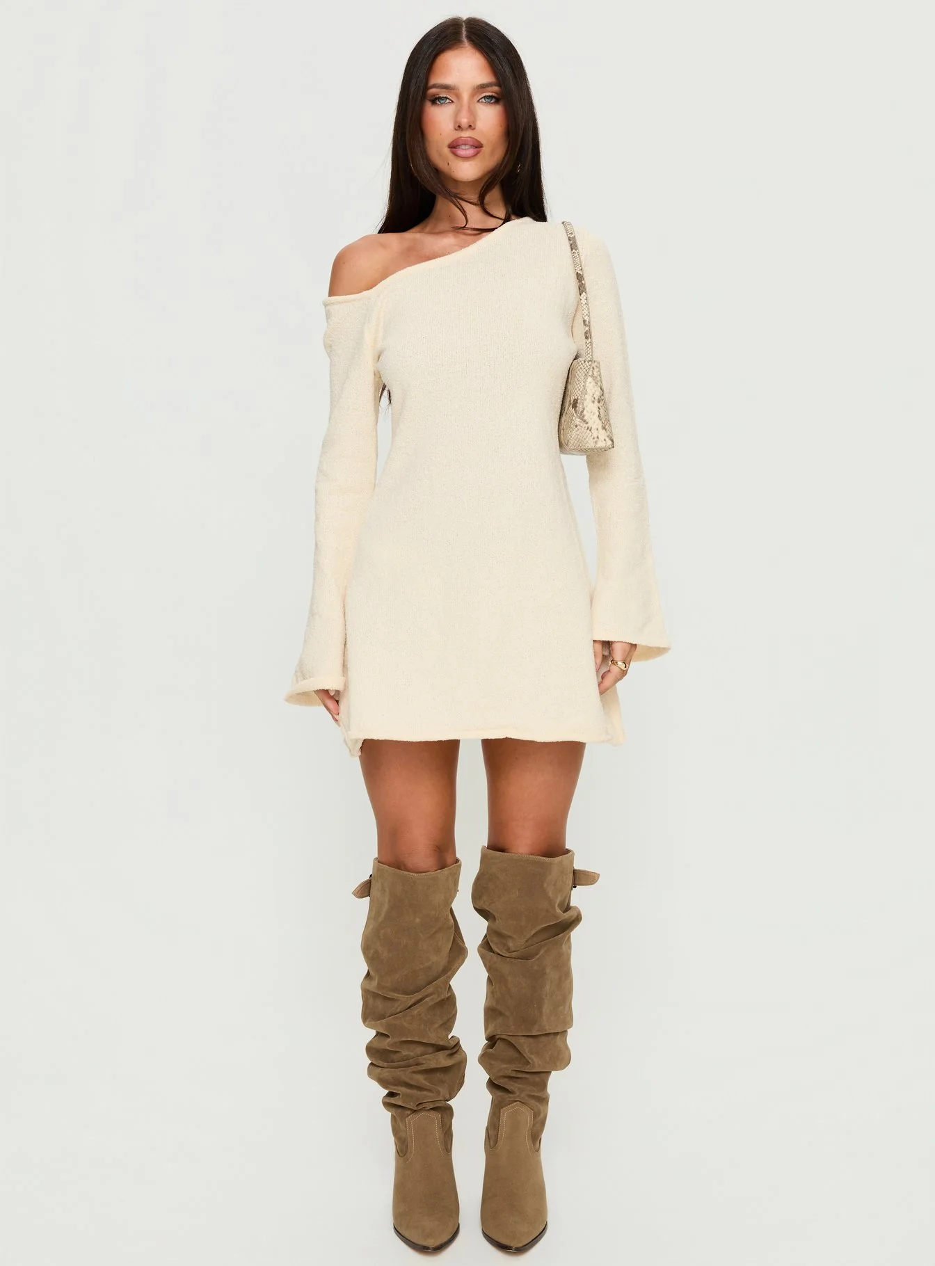 Jaede Off Shoulder Knit Mini Dress Cream