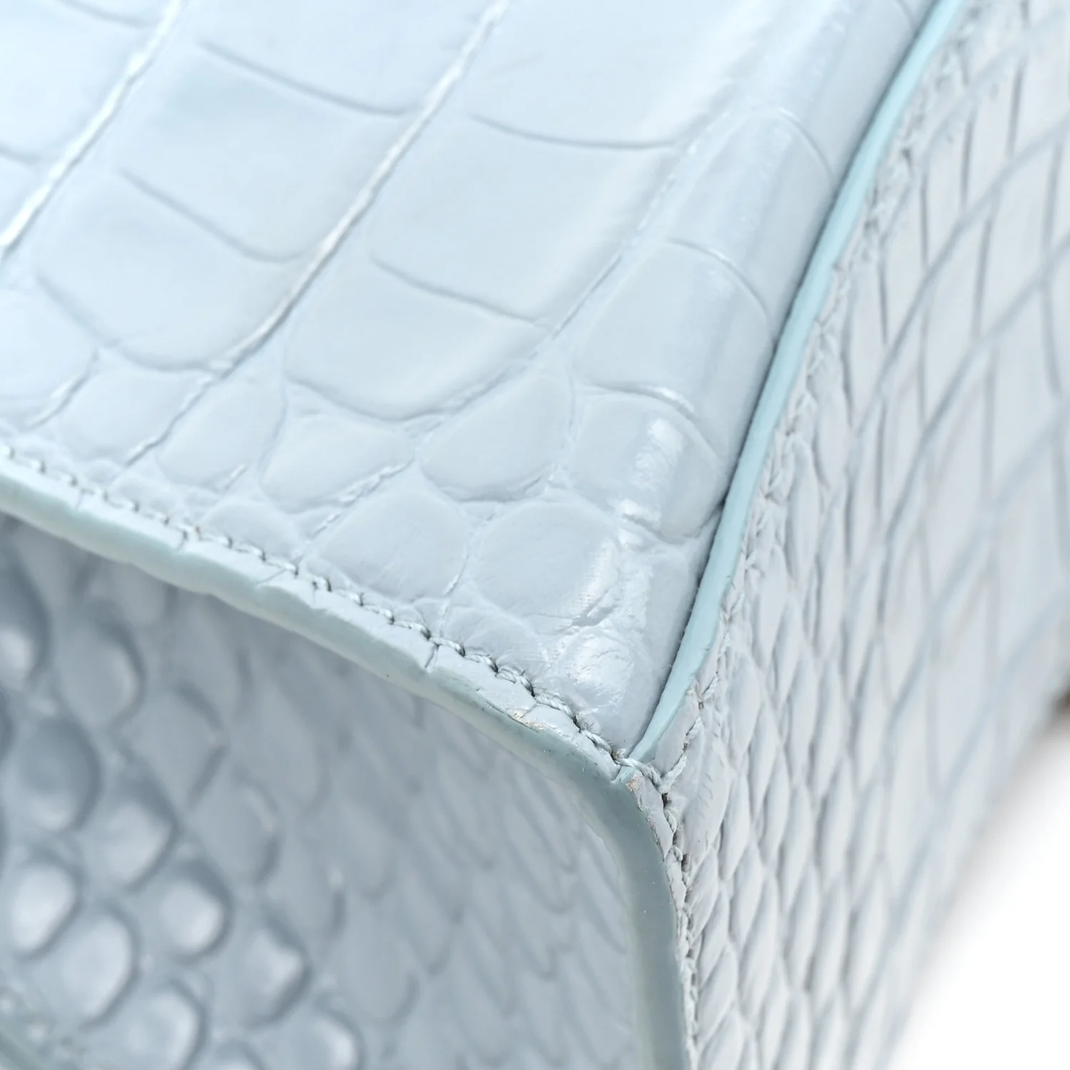 Shiny Calfskin Crocodile Embossed Small Hourglass Top Handle Bag Blue Grey - Top Club