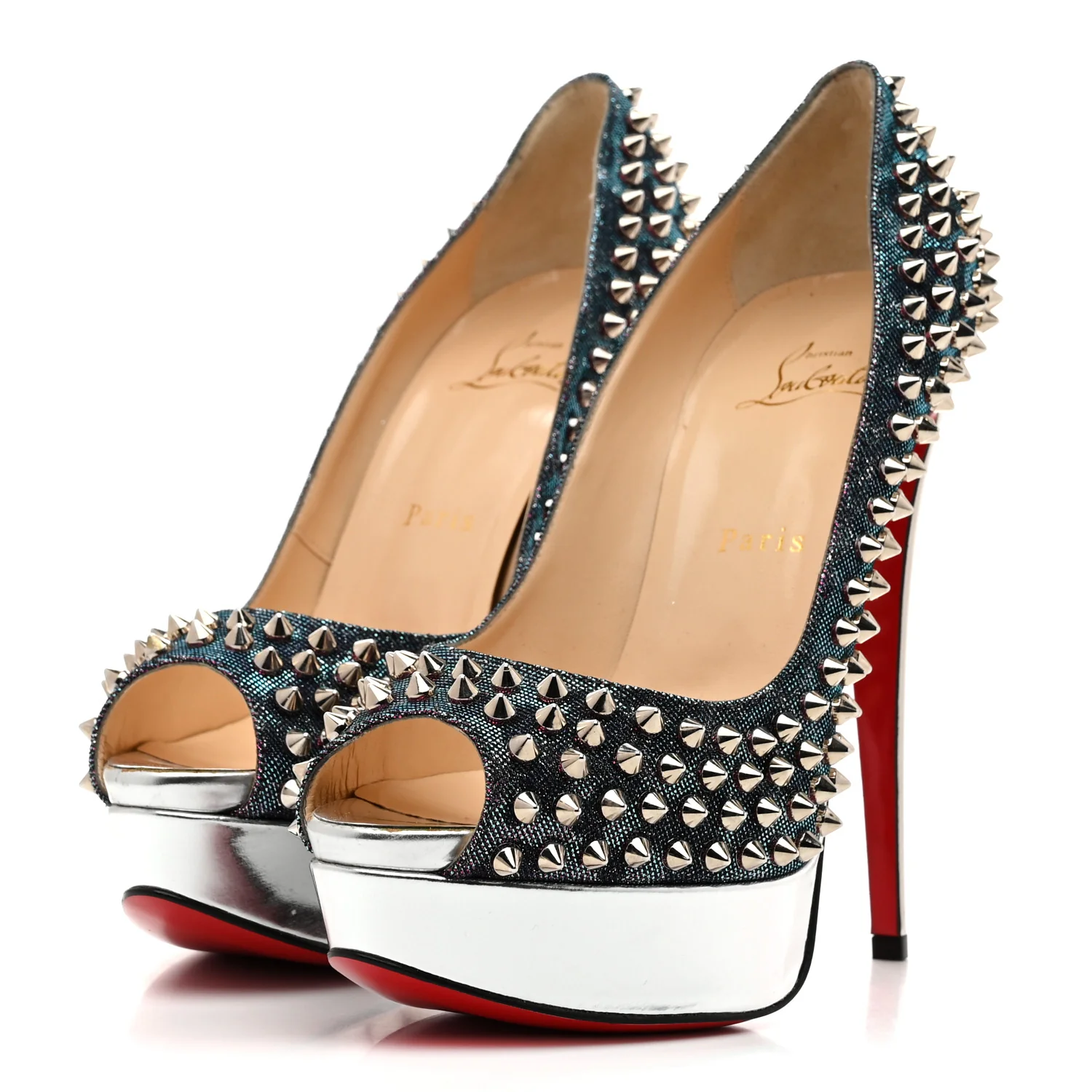 Lame Satin Lady Peep Spikes 150 Pumps 39 Turquoise Violet Silver - Top Club