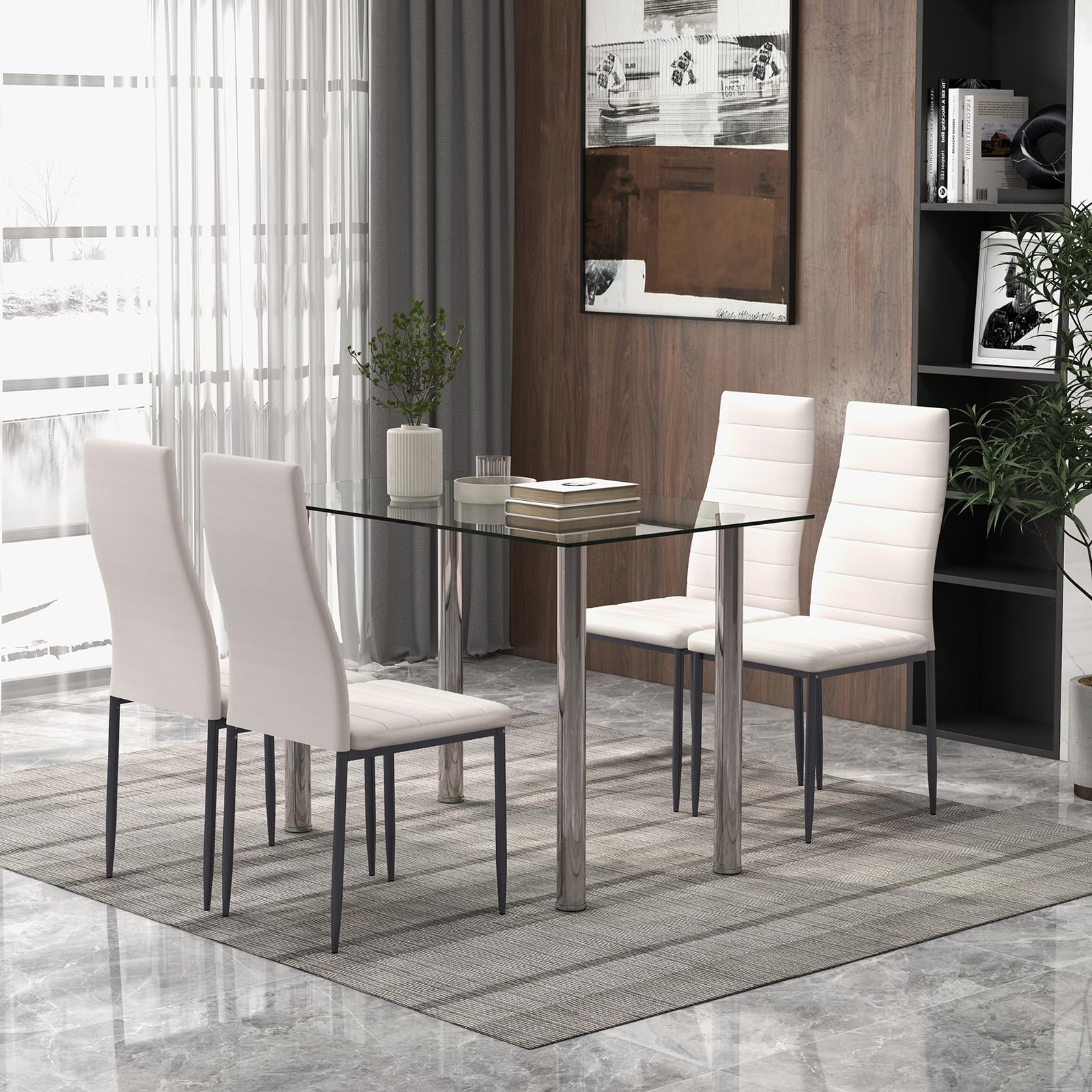BEFOUNDLOVELY 5 Piece Dining Table Sets, Modern Tempered Glass Top and PVC Leather Chair w/4 Chairs