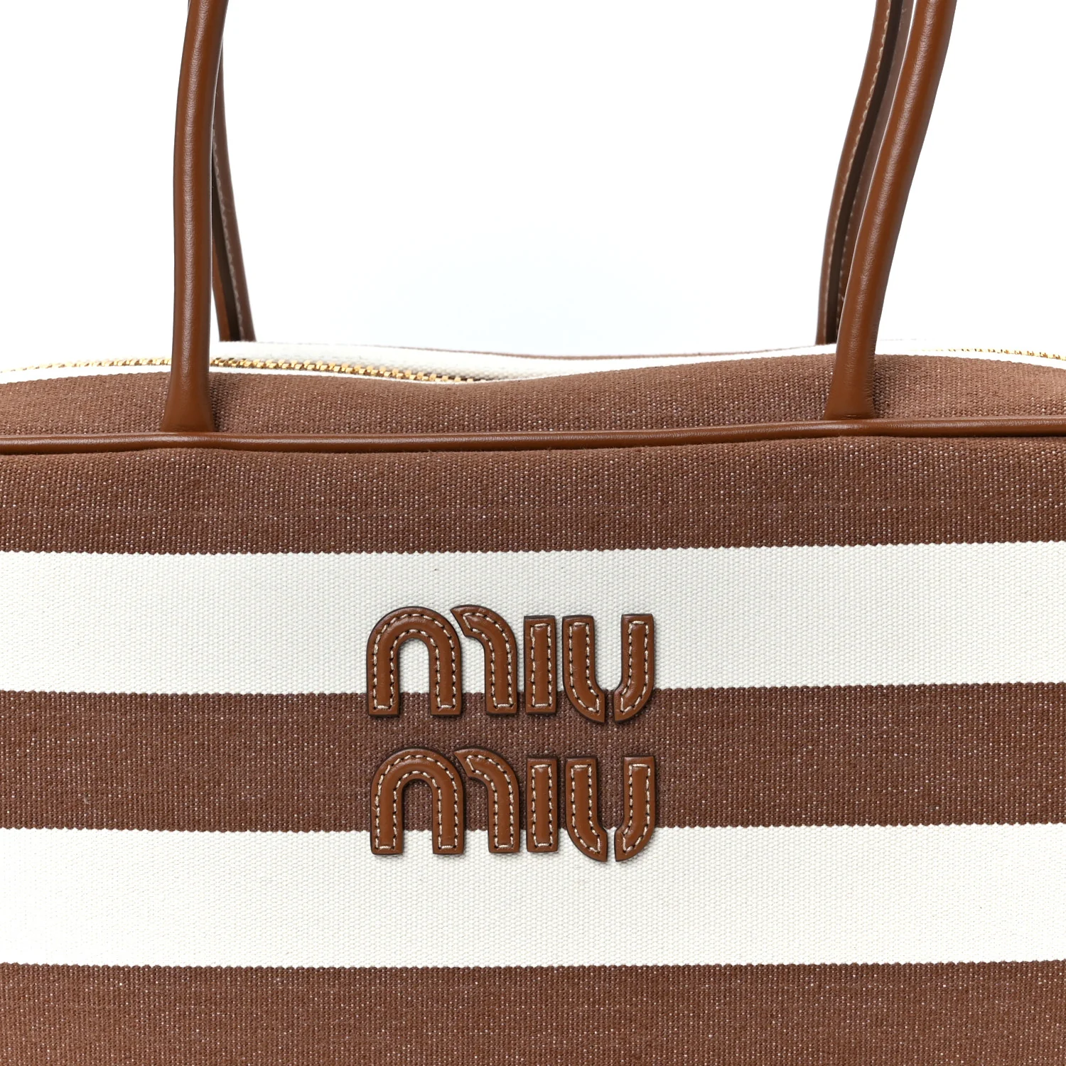 Canvas Calfskin Striped Large Beau Top Handle Bag Naturale Brandy - Top Club